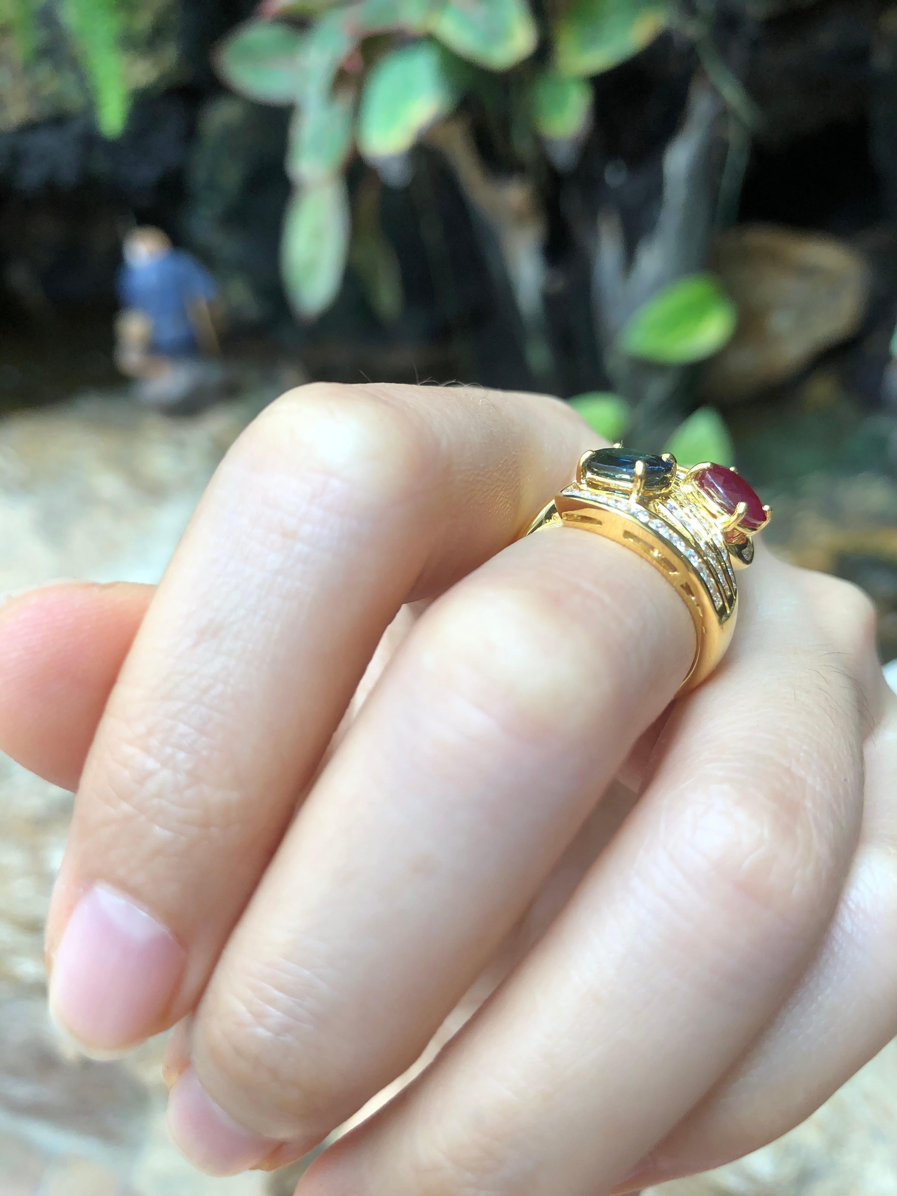 Mixed Cut Blue Sapphire and Ruby with Diamond Ring Set in 18 Karat Gold Settings For Sale