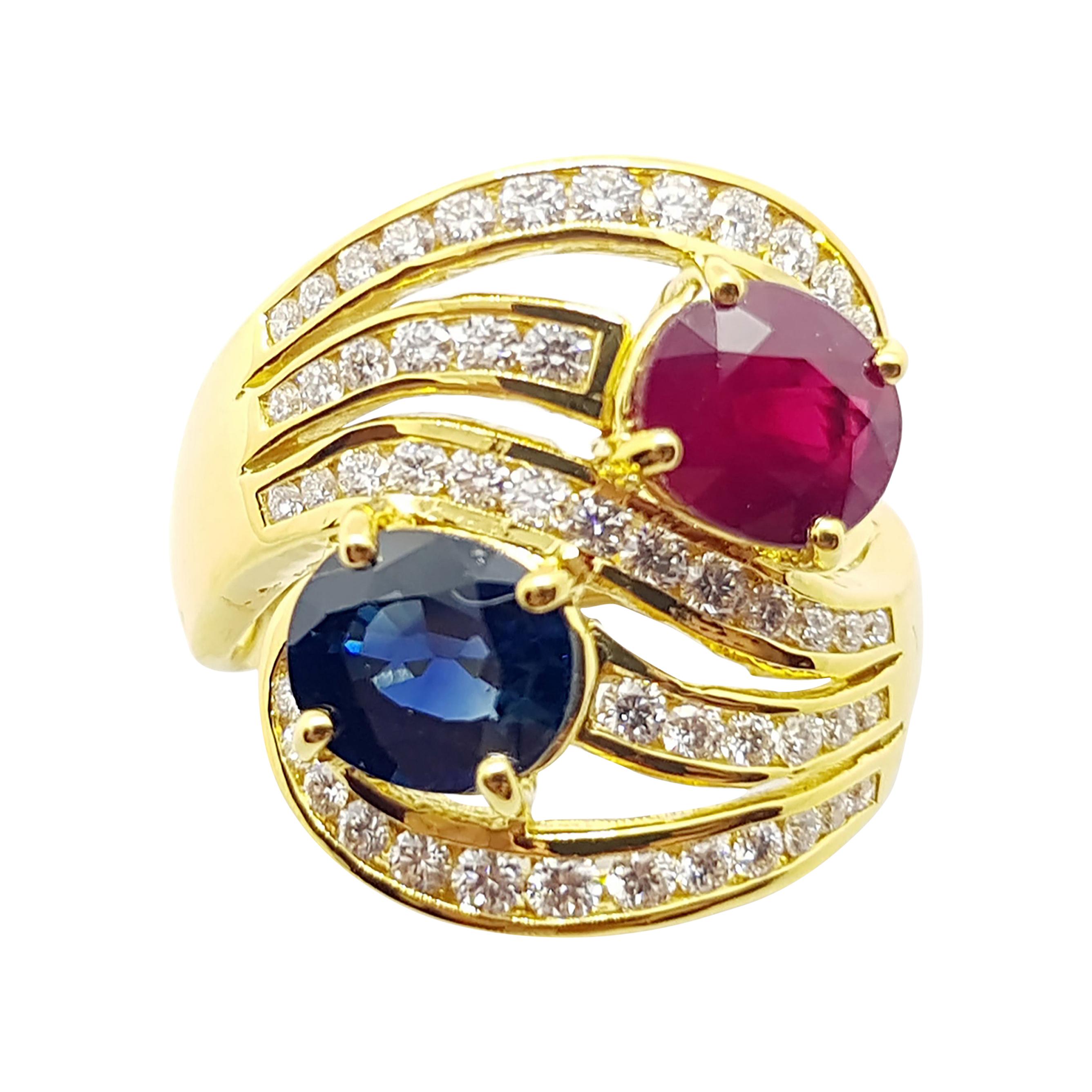 Blue Sapphire and Ruby with Diamond Ring Set in 18 Karat Gold Settings For Sale