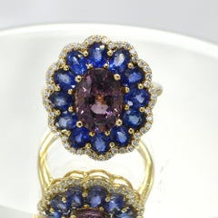 Blue Sapphire and Spinel Ring 14 Karat Rose Gold Oval Shape Spinel 3.0 Carat