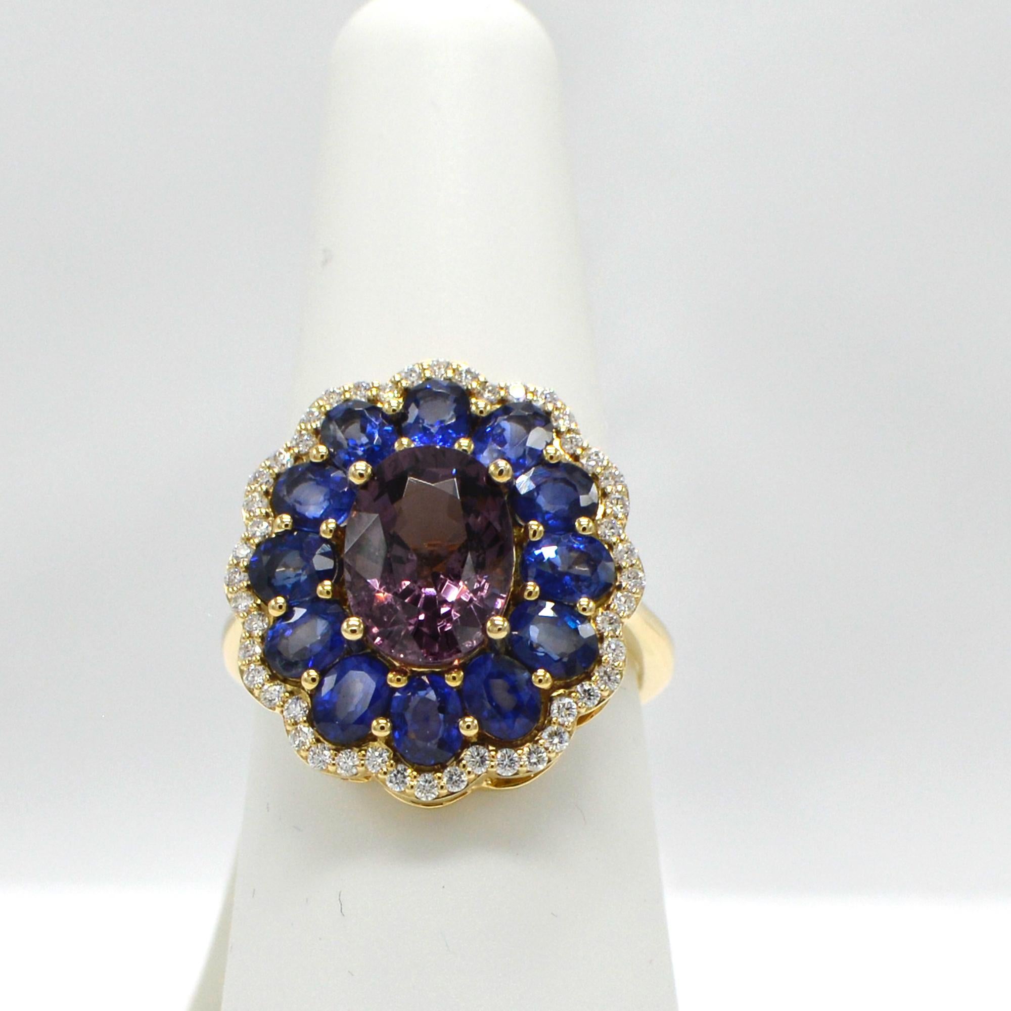 Oval Cut Blue Sapphire and Spinel Ring 14 Karat Rose Gold Oval Shape Spinel 3.0 Carat