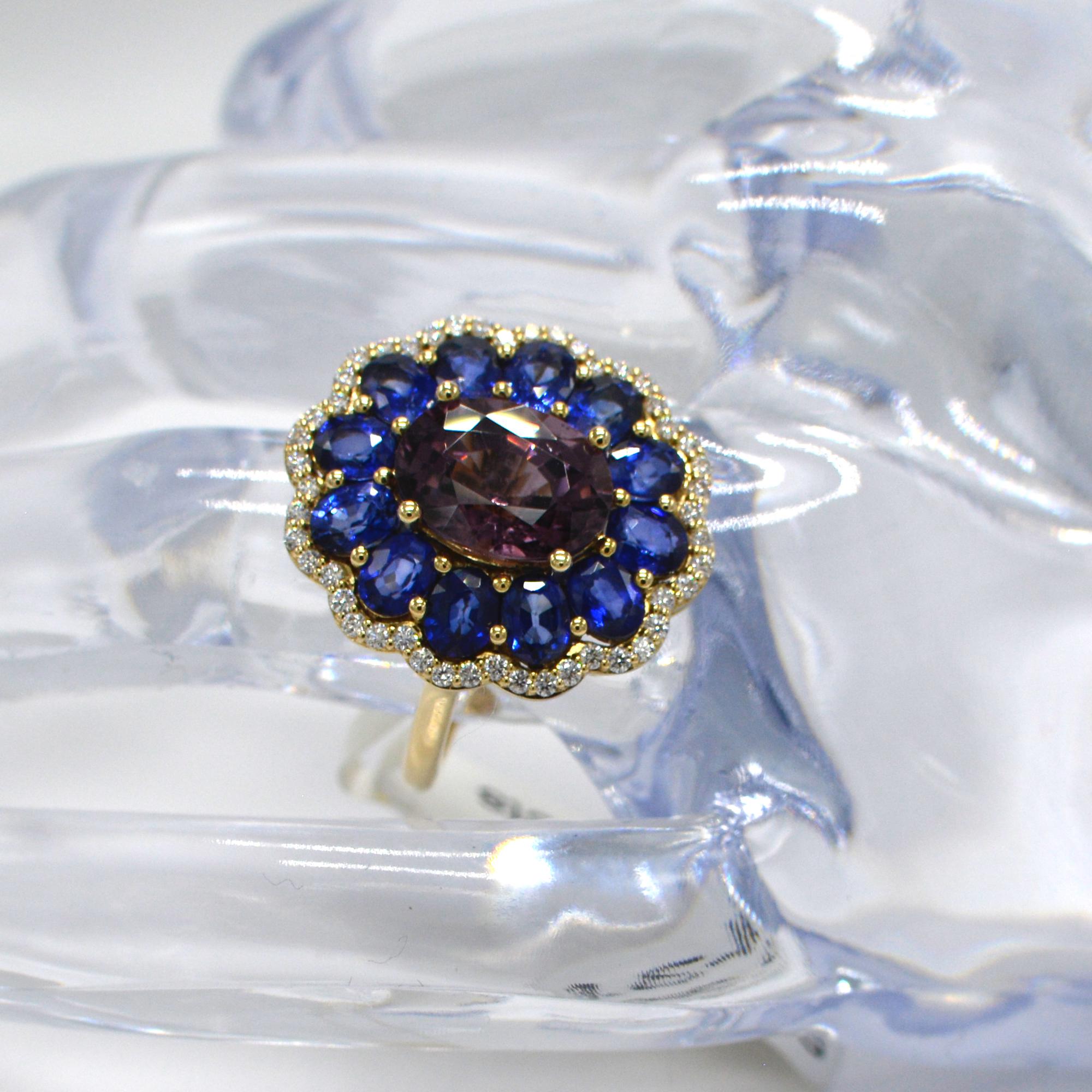 Women's Blue Sapphire and Spinel Ring 14 Karat Rose Gold Oval Shape Spinel 3.0 Carat