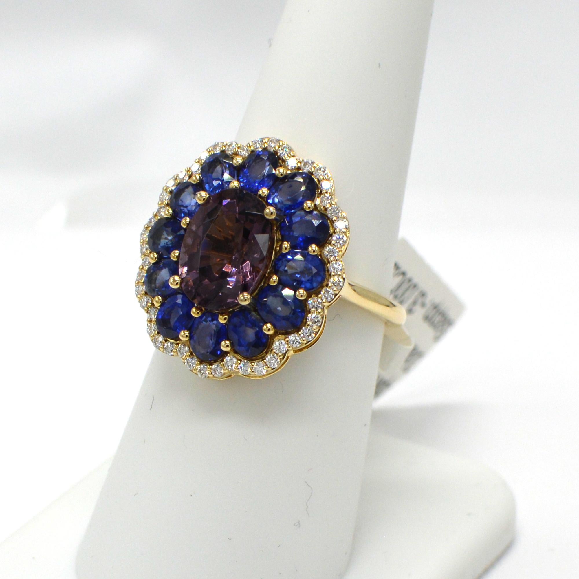 Blue Sapphire and Spinel Ring 14 Karat Rose Gold Oval Shape Spinel 3.0 Carat 3
