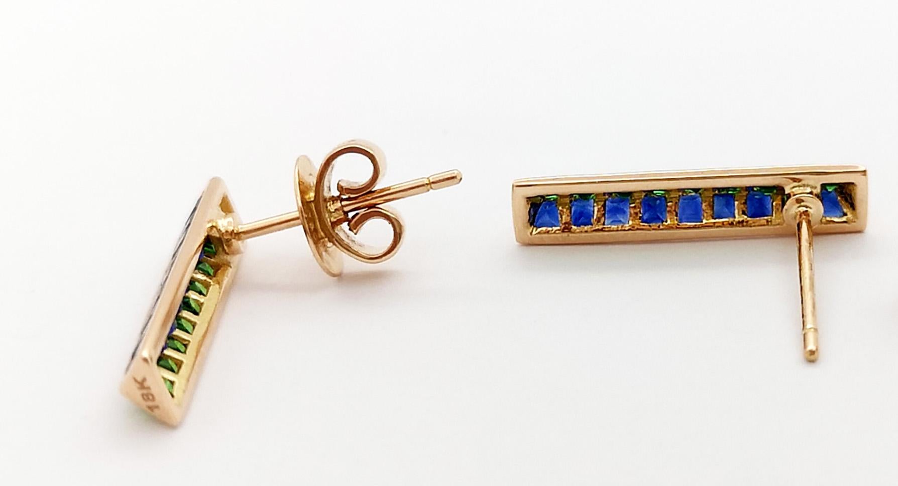 Contemporary Blue Sapphire and Tsavorite Earrings set in 18K Rose Gold Settings For Sale
