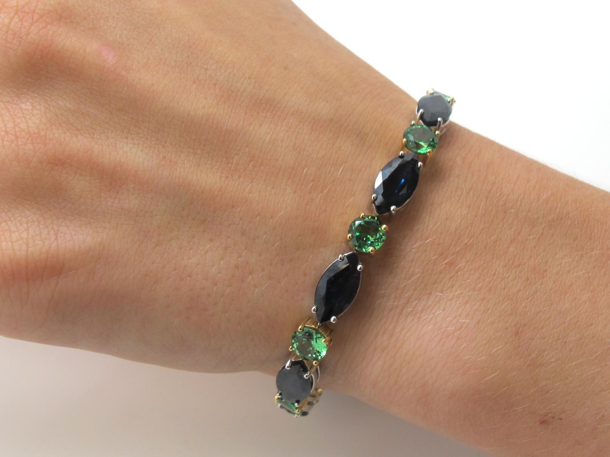Blue Sapphire and Tsavorite Garnet Tennis Bracelet in White and Yellow Gold For Sale 1