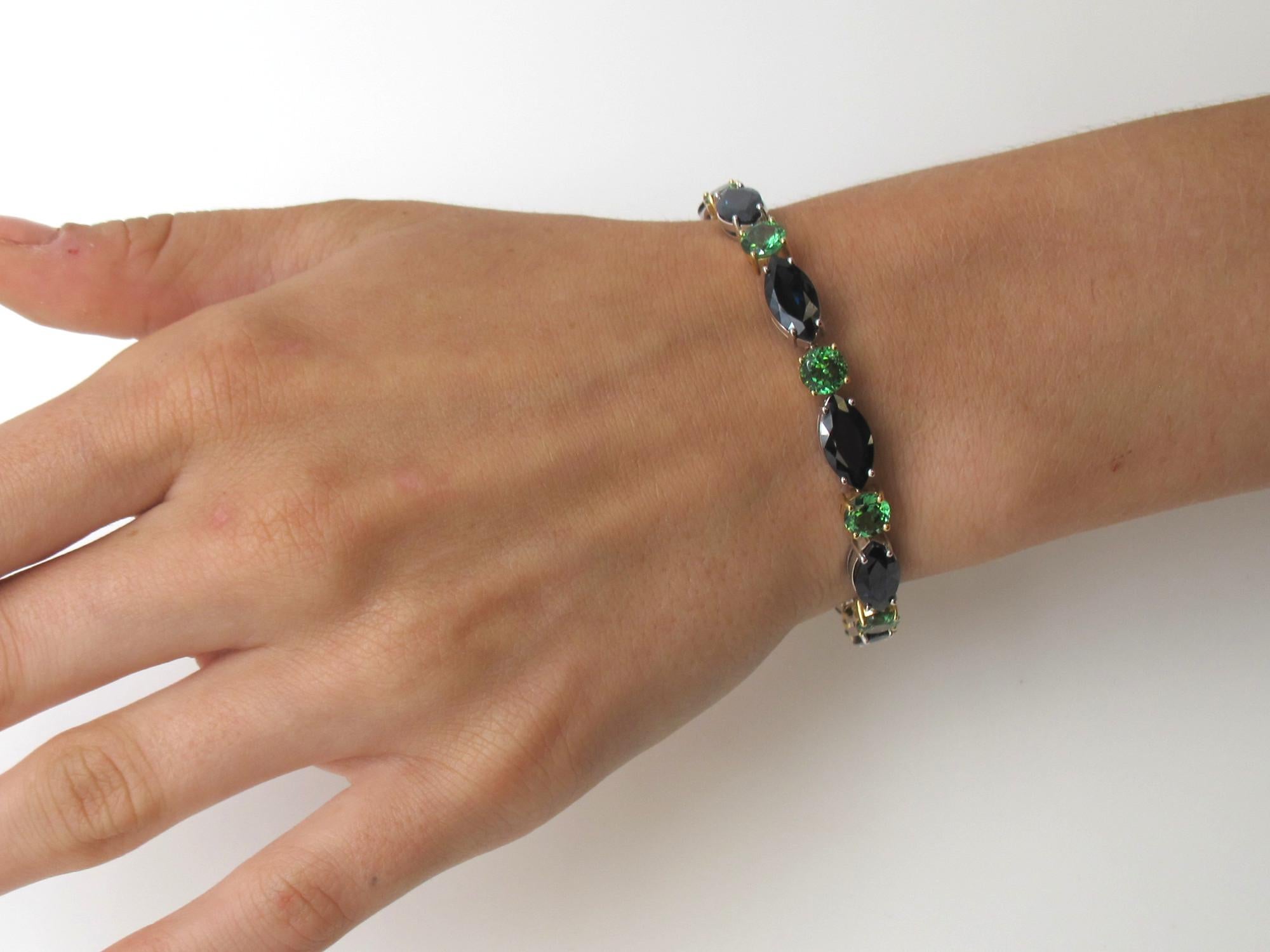 Blue Sapphire and Tsavorite Garnet Tennis Bracelet in White and Yellow Gold For Sale 2