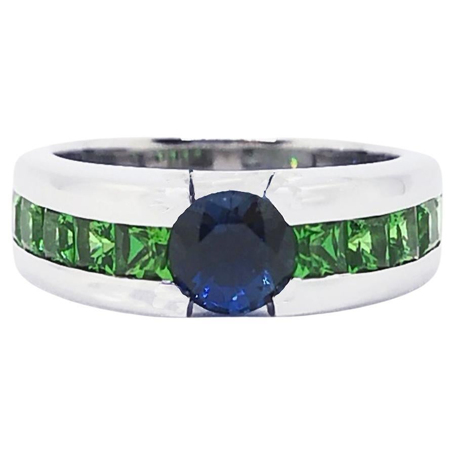 Blue Sapphire and Tsavorite Ring set in 18K White Gold Settings