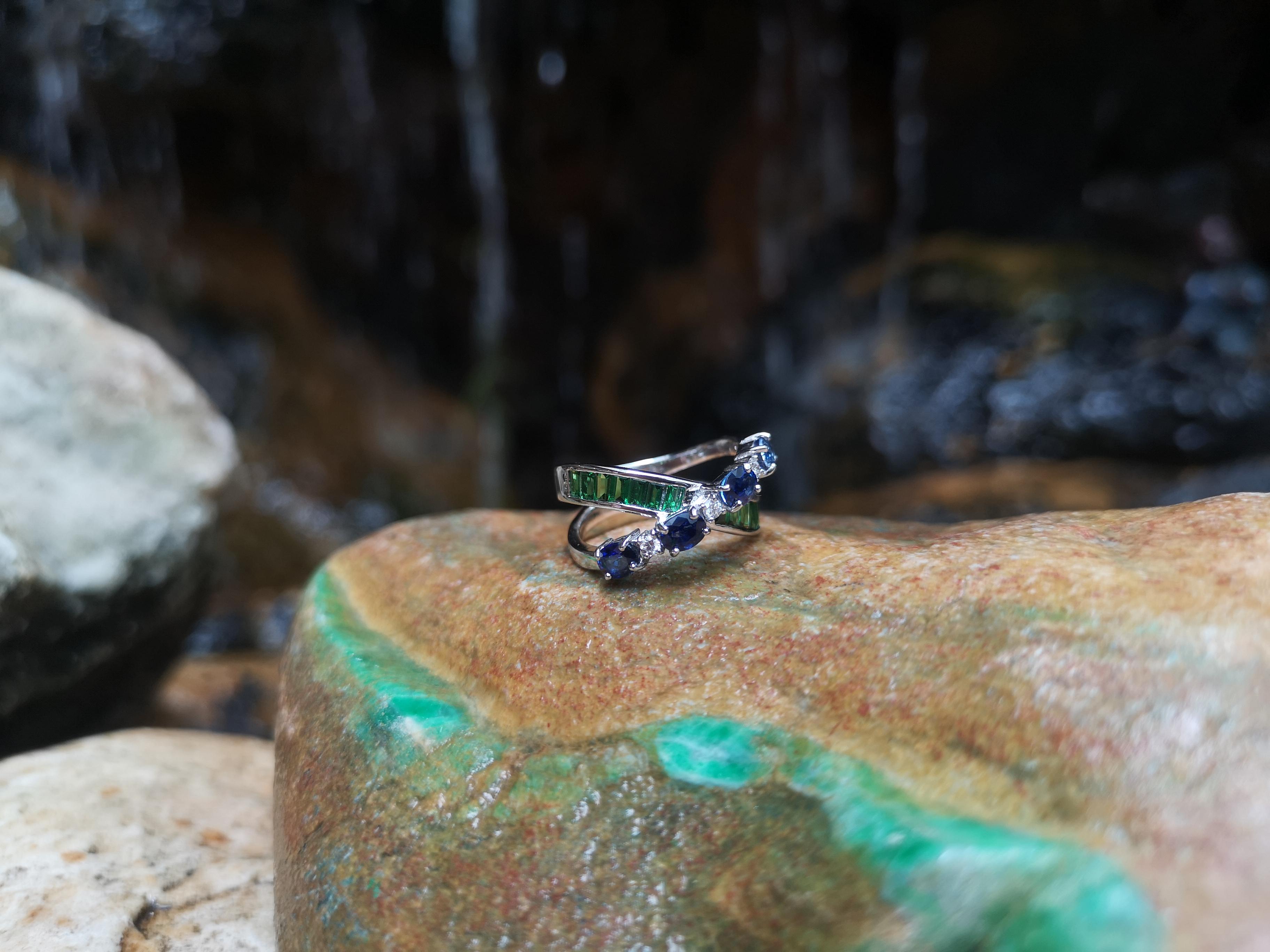 Mixed Cut Blue Sapphire and Tsavorite with Diamond Ring Set in 18 Karat White Gold Setting For Sale