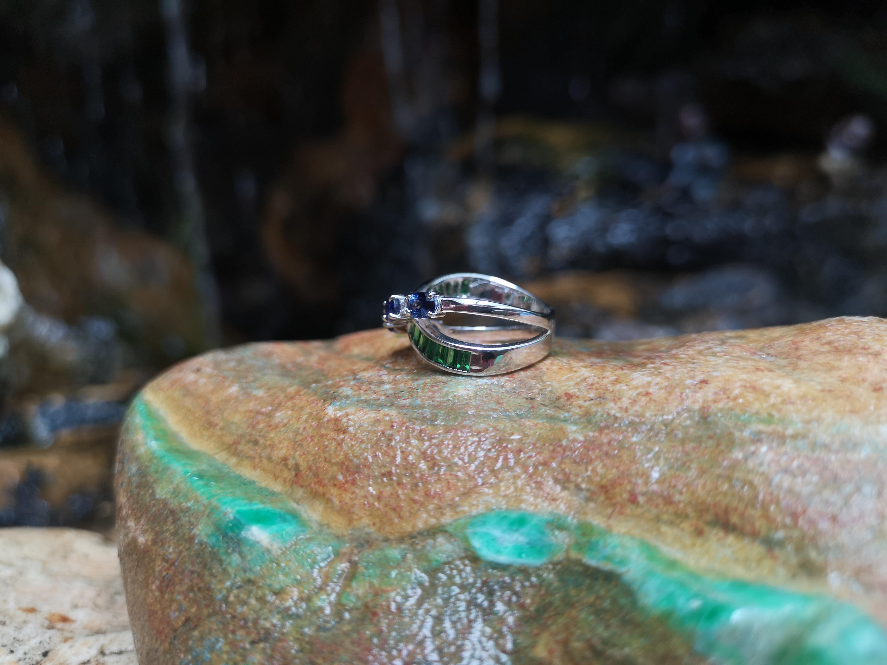 Blue Sapphire and Tsavorite with Diamond Ring Set in 18 Karat White Gold Setting In New Condition For Sale In Bangkok, TH
