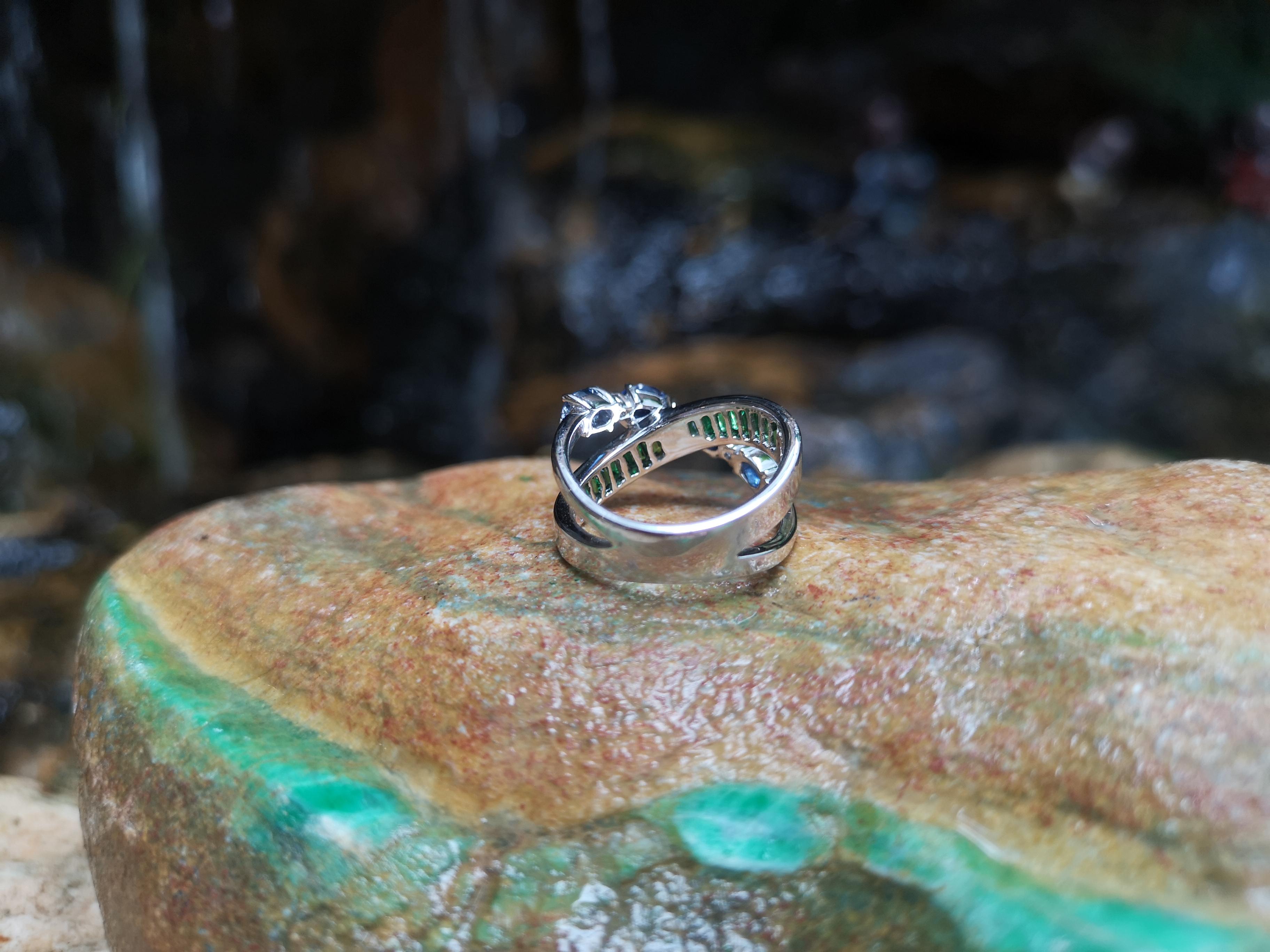 Women's Blue Sapphire and Tsavorite with Diamond Ring Set in 18 Karat White Gold Setting For Sale