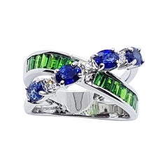 Blue Sapphire and Tsavorite with Diamond Ring Set in 18 Karat White Gold Setting
