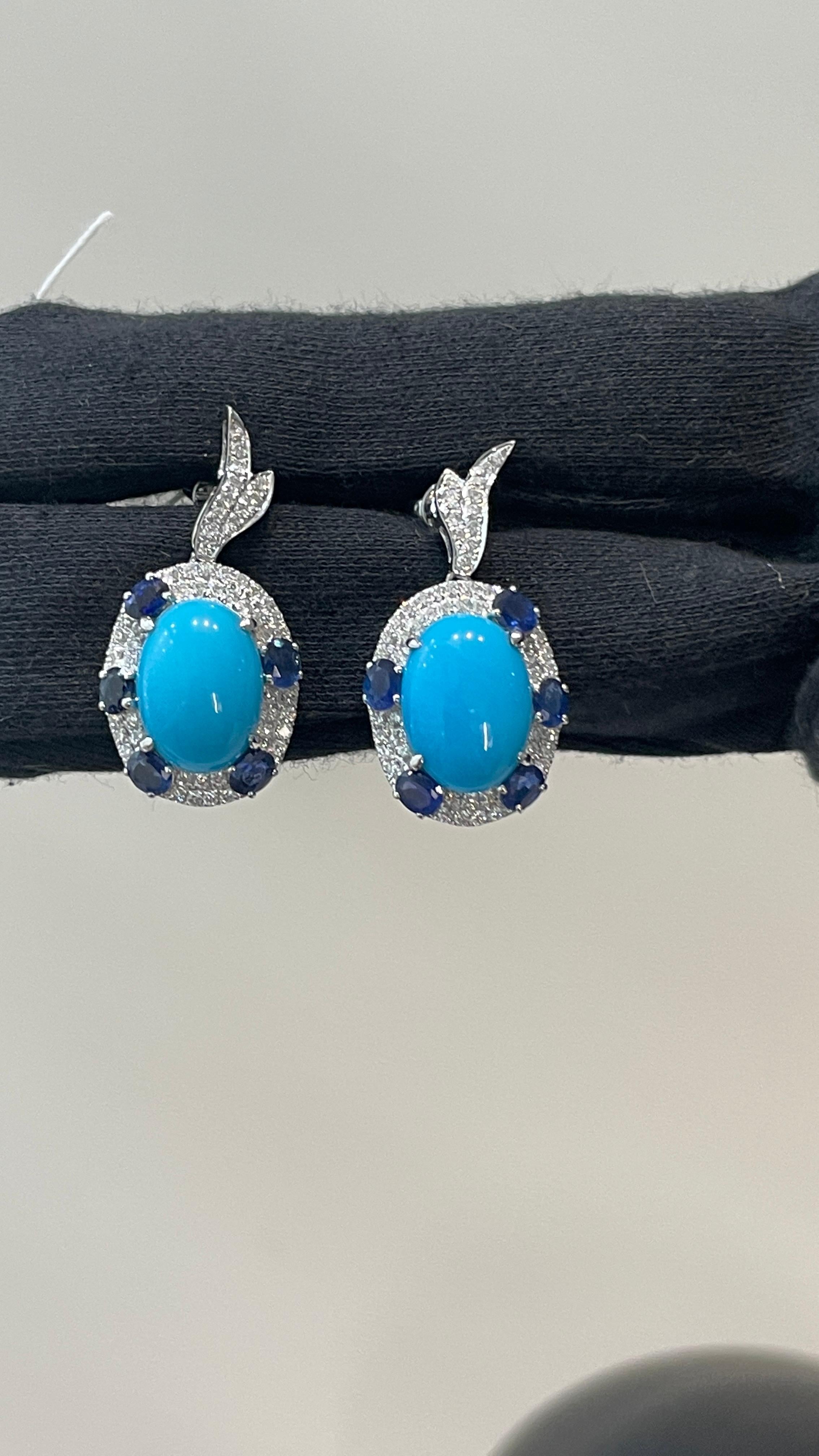 Artist Blue Sapphire and Turquoise Drop Earrings in 14K White Gold With Diamonds For Sale