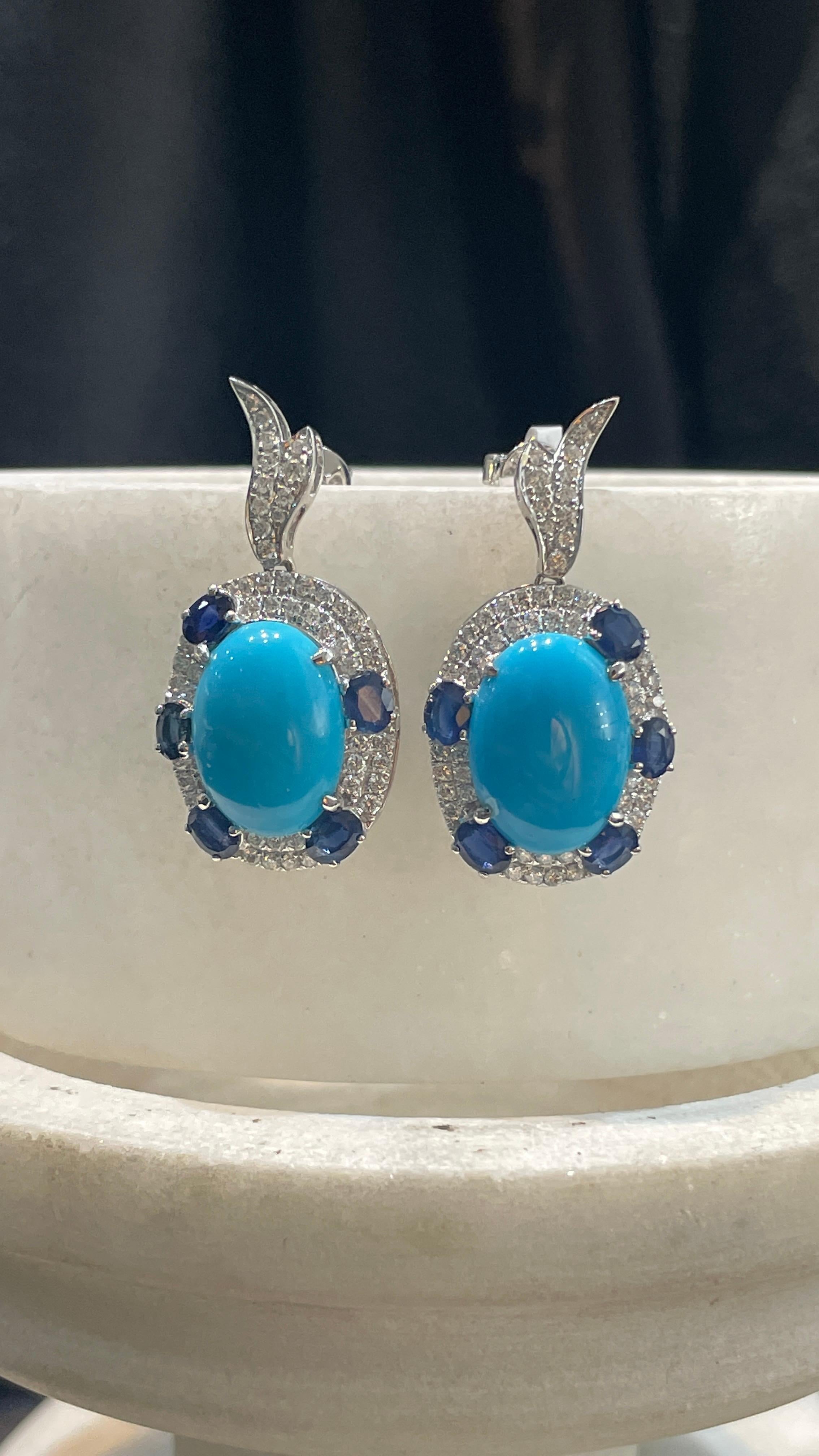 Blue Sapphire and Turquoise Drop Earrings in 14K White Gold With Diamonds In New Condition For Sale In Houston, TX