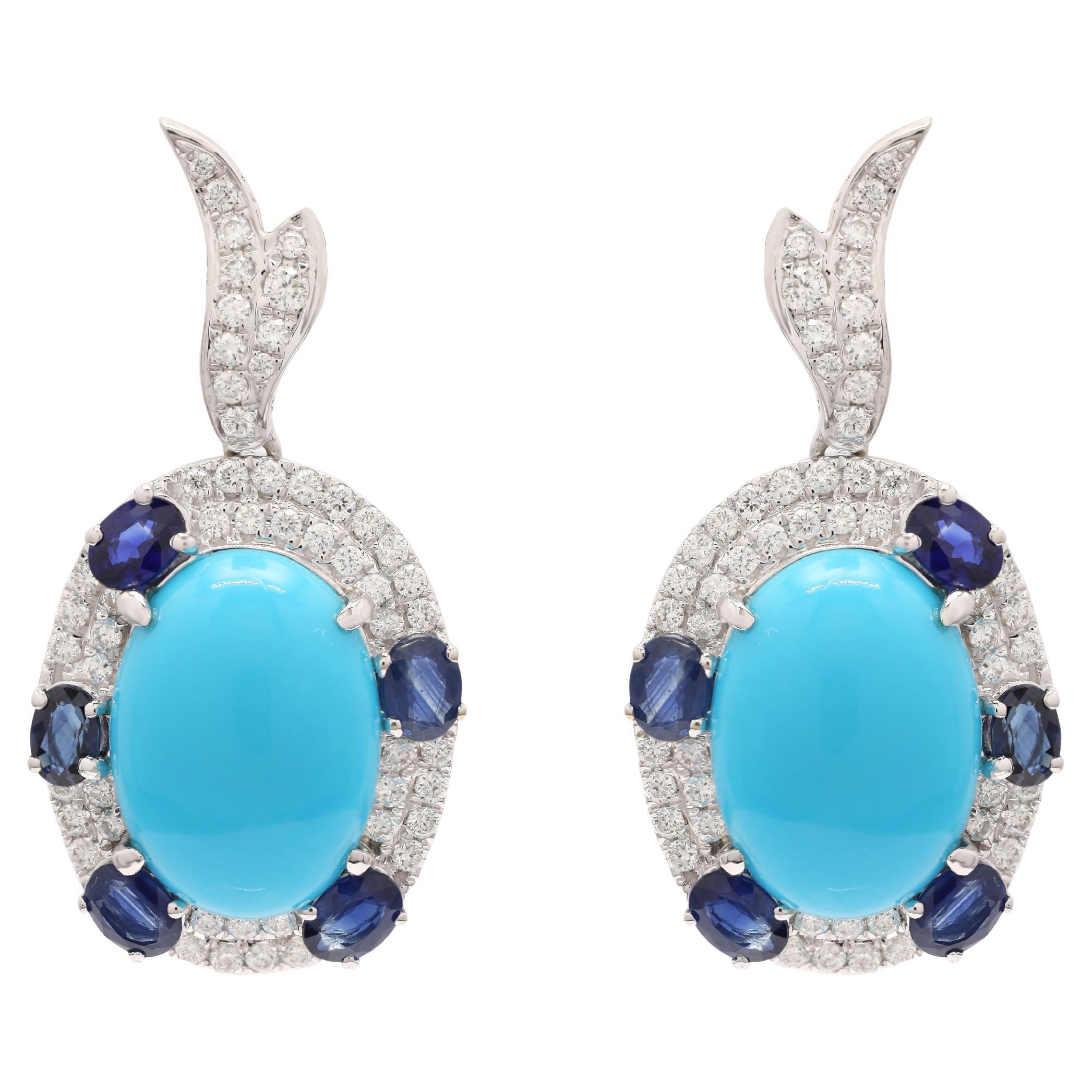 Blue Sapphire and Turquoise Drop Earrings in 14K White Gold With Diamonds For Sale