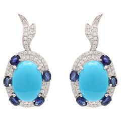 Blue Sapphire and Turquoise Drop Earrings in 14K White Gold With Diamonds