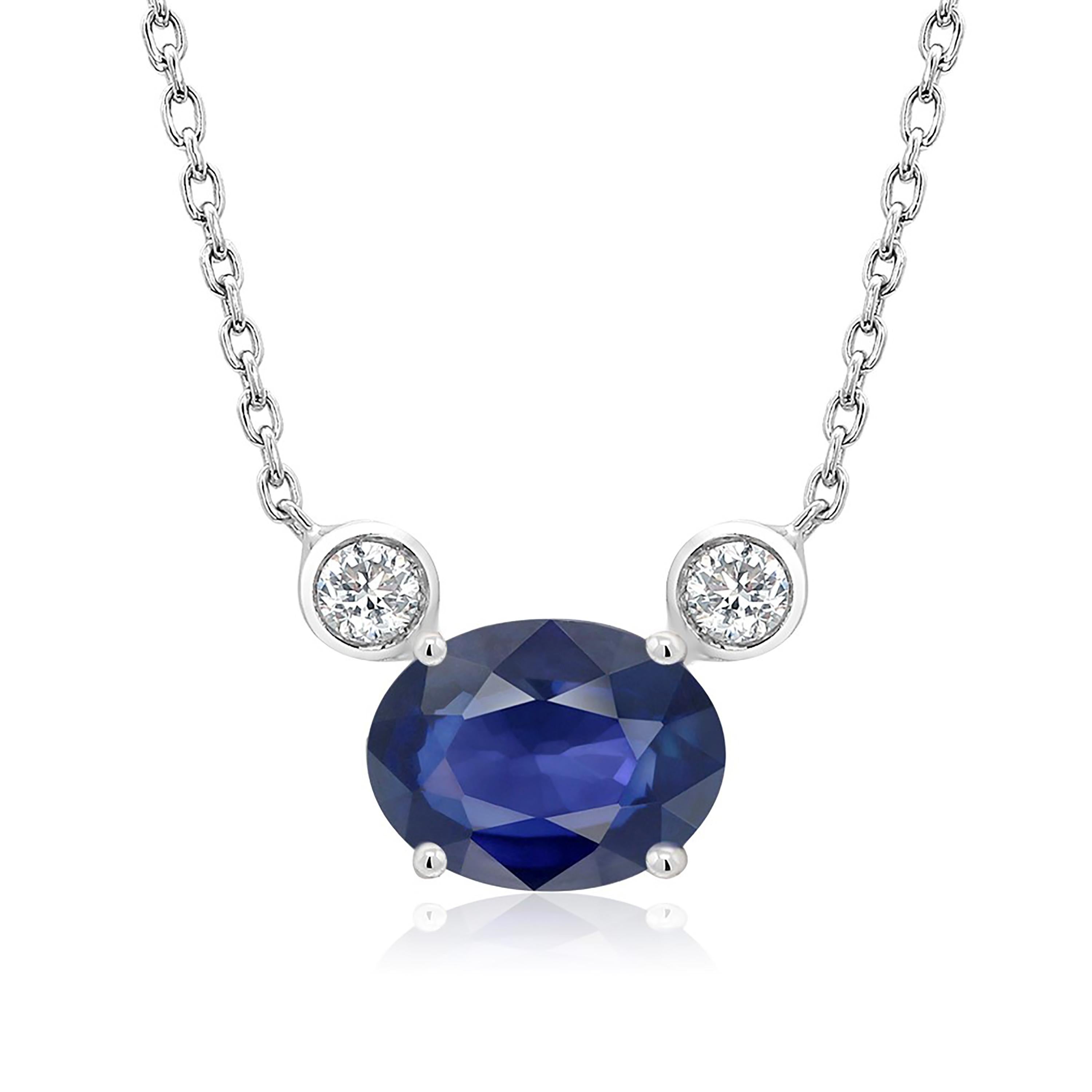 Modern Blue Sapphire and Two Diamonds Drop Gold Pendant Necklace