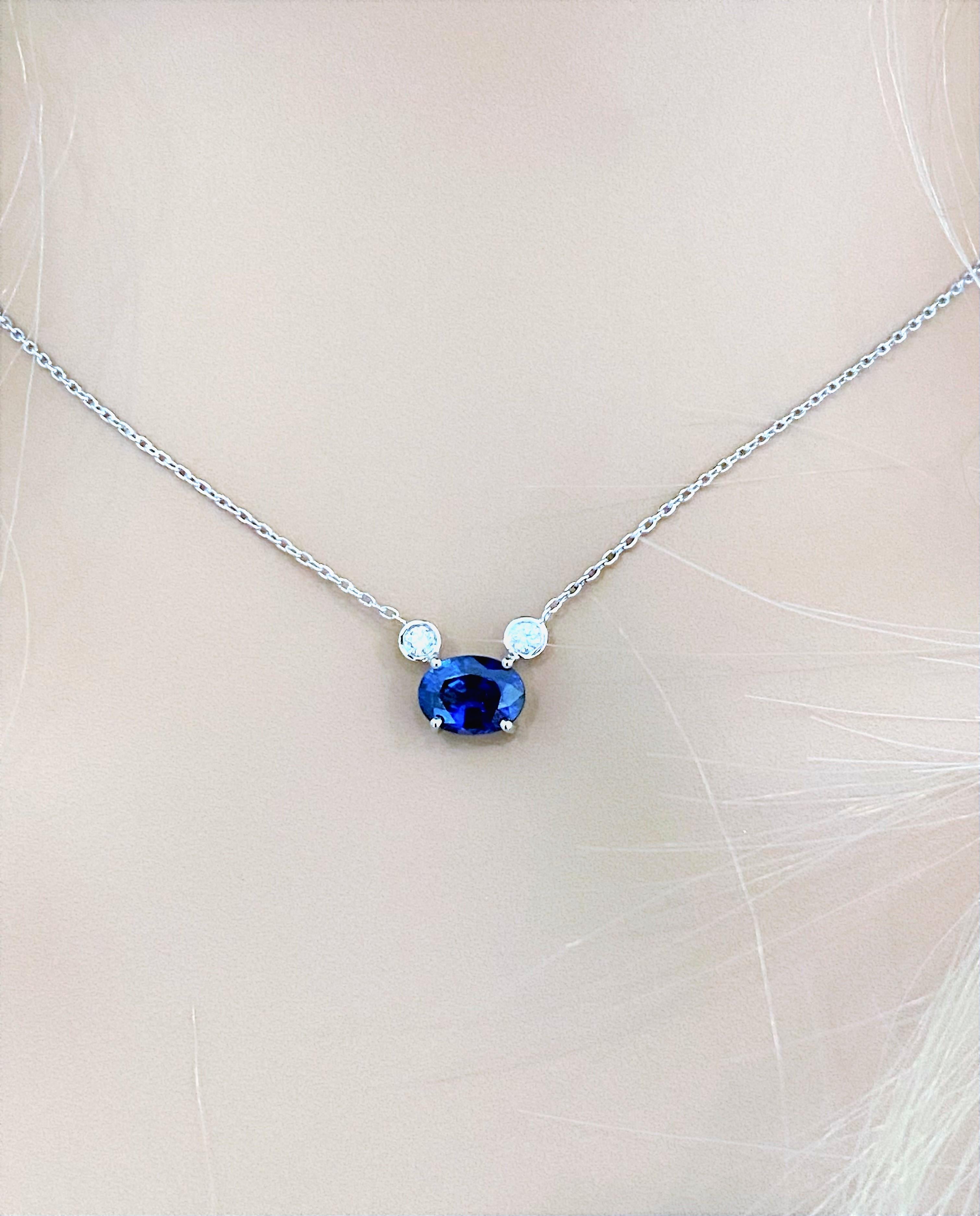 Contemporary Blue Sapphire and Two Diamonds Drop Gold Pendant Necklace