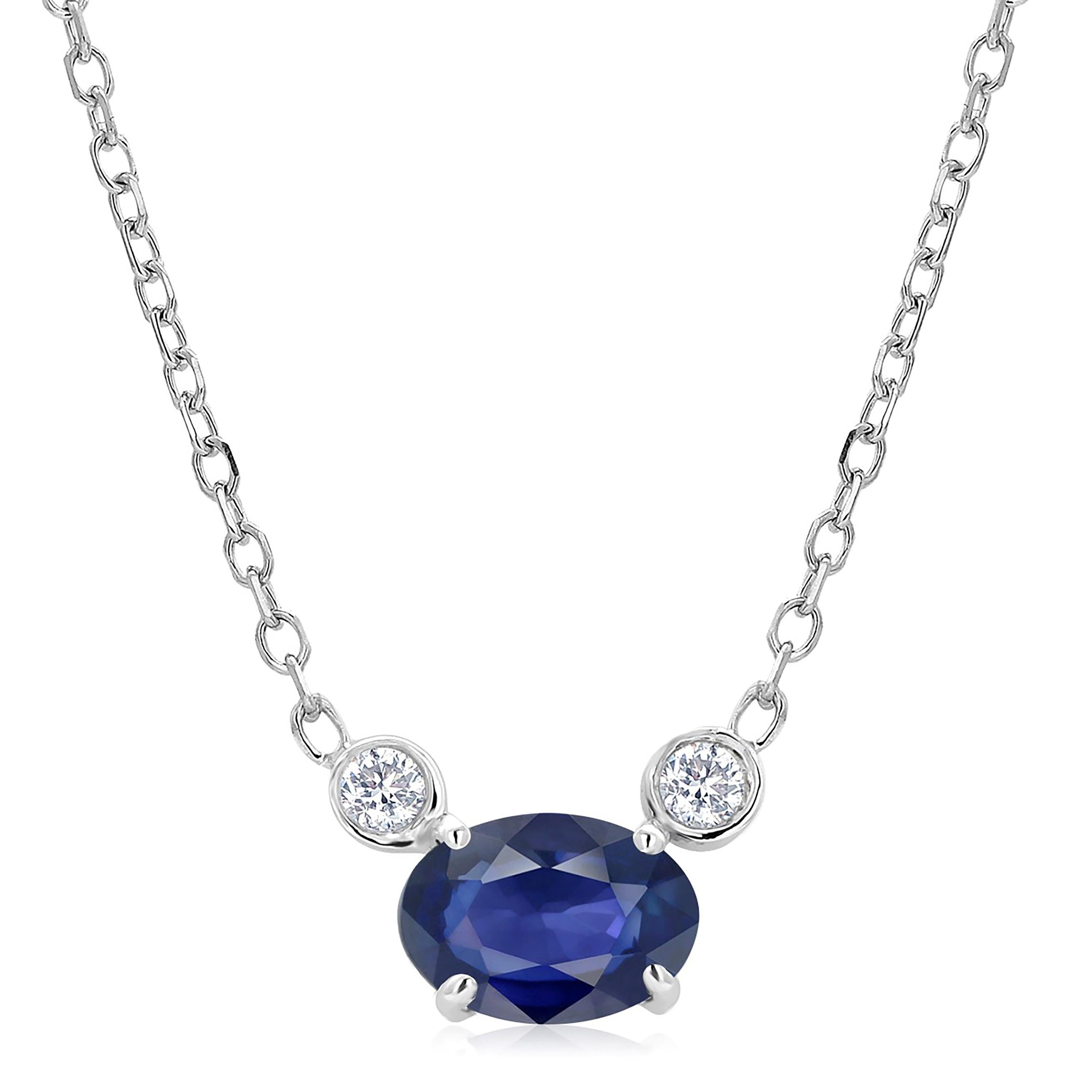 Oval Cut Blue Sapphire and Two Diamonds Drop Gold Pendant Necklace