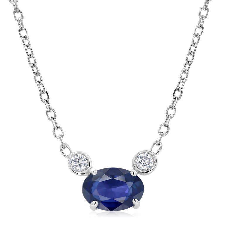 Women's or Men's Blue Sapphire and Two Diamonds Drop Gold Pendant Necklace For Sale