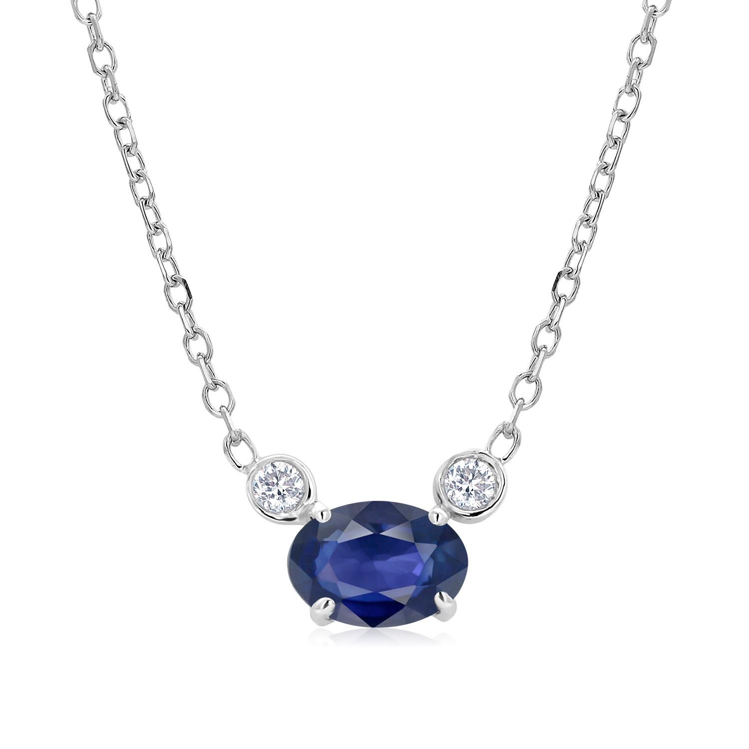 Women's or Men's Blue Sapphire and Two Diamonds Drop Gold Pendant Necklace