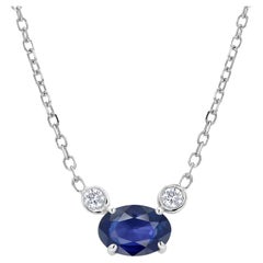 Blue Sapphire and Two Diamonds Drop Gold Pendant Necklace