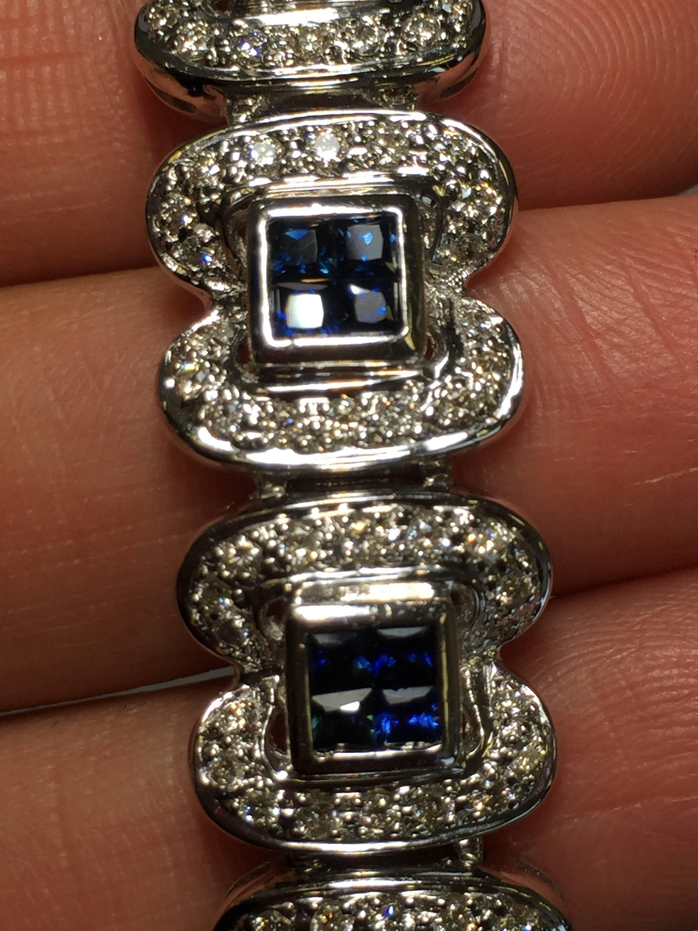 Women's or Men's Blue Sapphire and White Diamond 18 Karat White Gold Bracelet