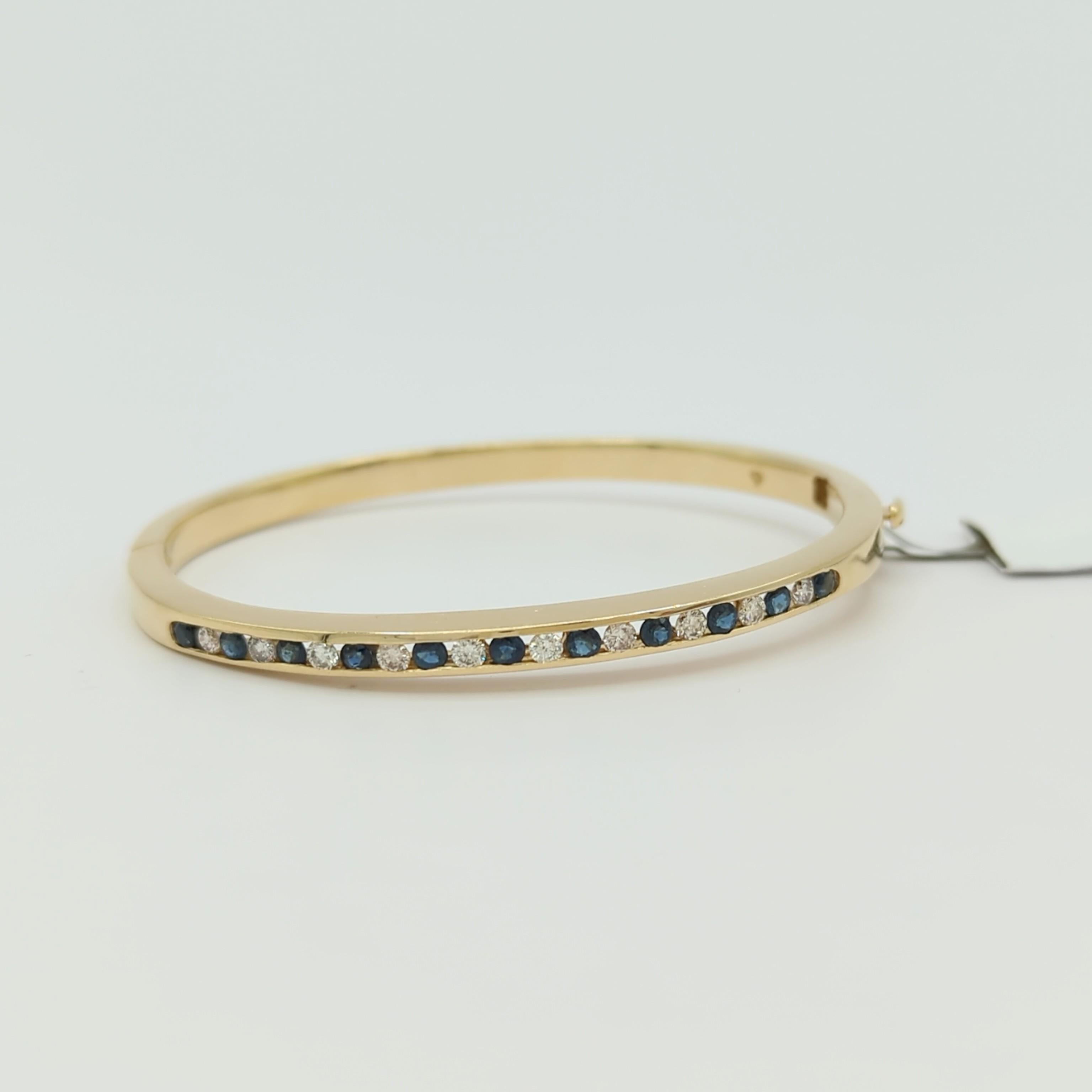 Women's or Men's Blue Sapphire and White Diamond Bangle in 14K Yellow Gold For Sale