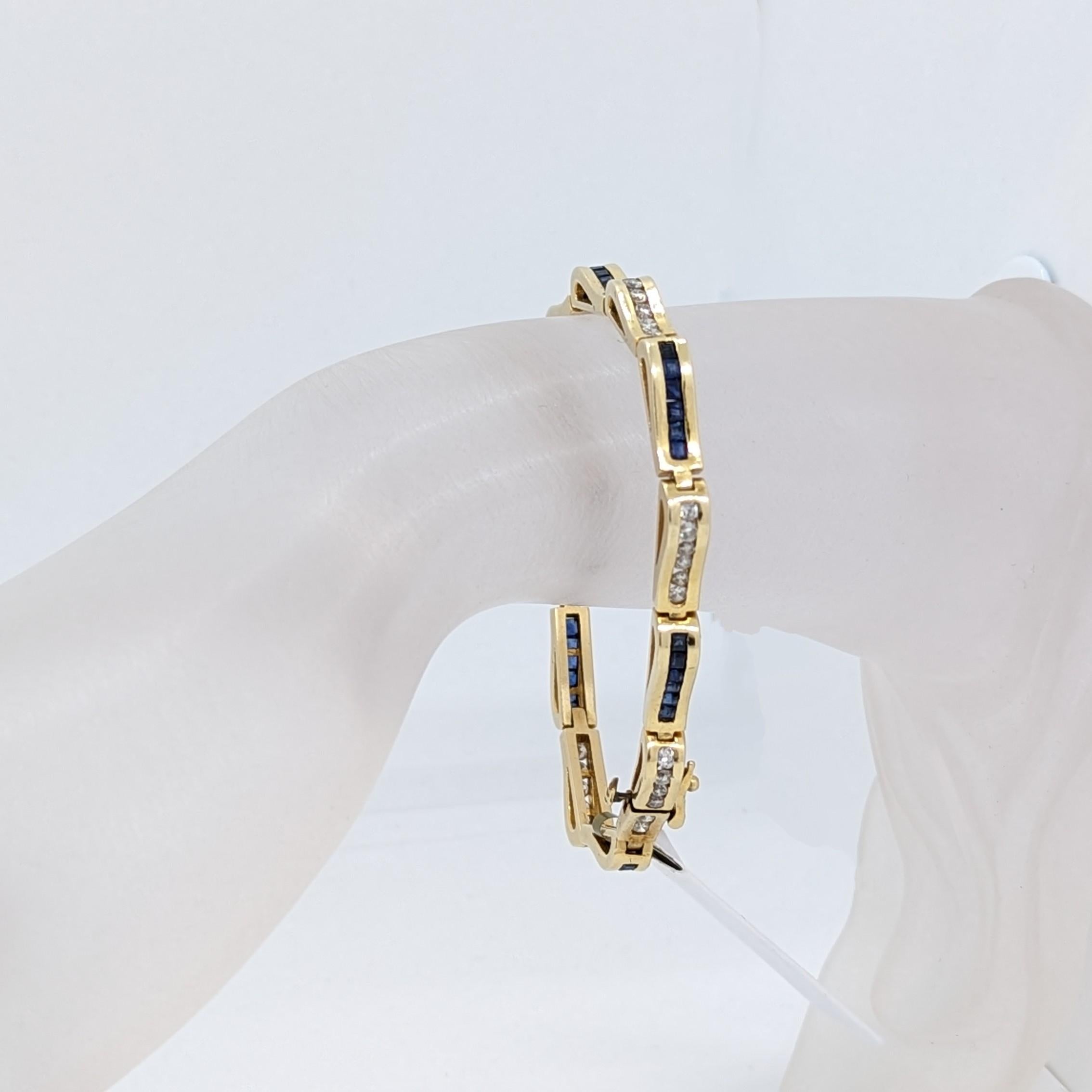 Square Cut Blue Sapphire and White Diamond Bracelet in 14K Yellow Gold For Sale
