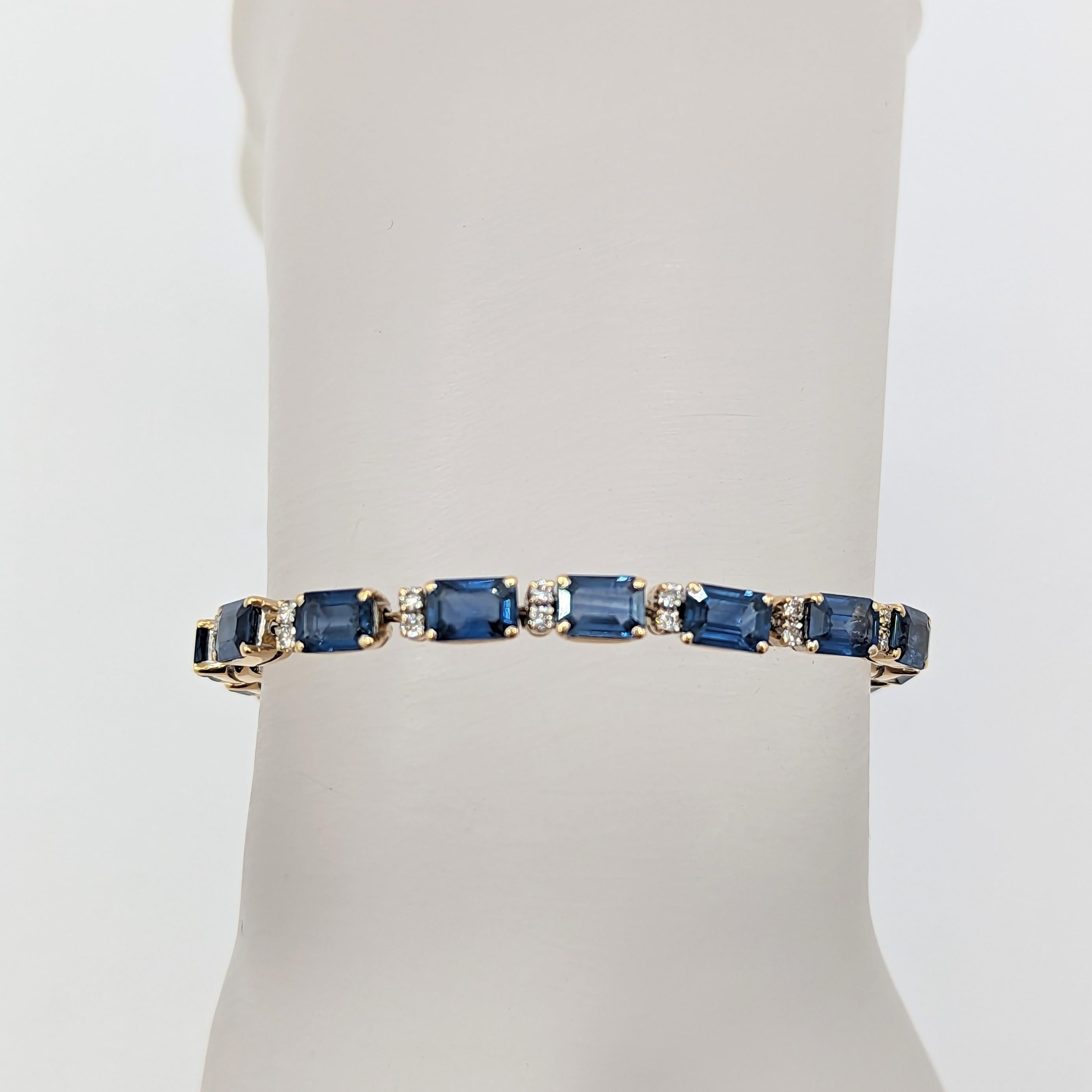 Emerald Cut Blue Sapphire and White Diamond Bracelet in 18K Yellow Gold For Sale