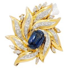 Blue Sapphire and White Diamond Brooch in 18k and Platinum