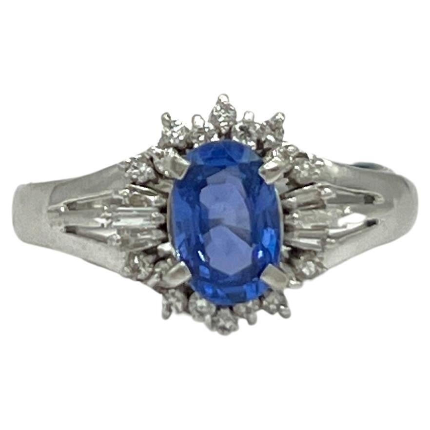 Blue Sapphire and White Diamond Cluster Ring in Platinum For Sale