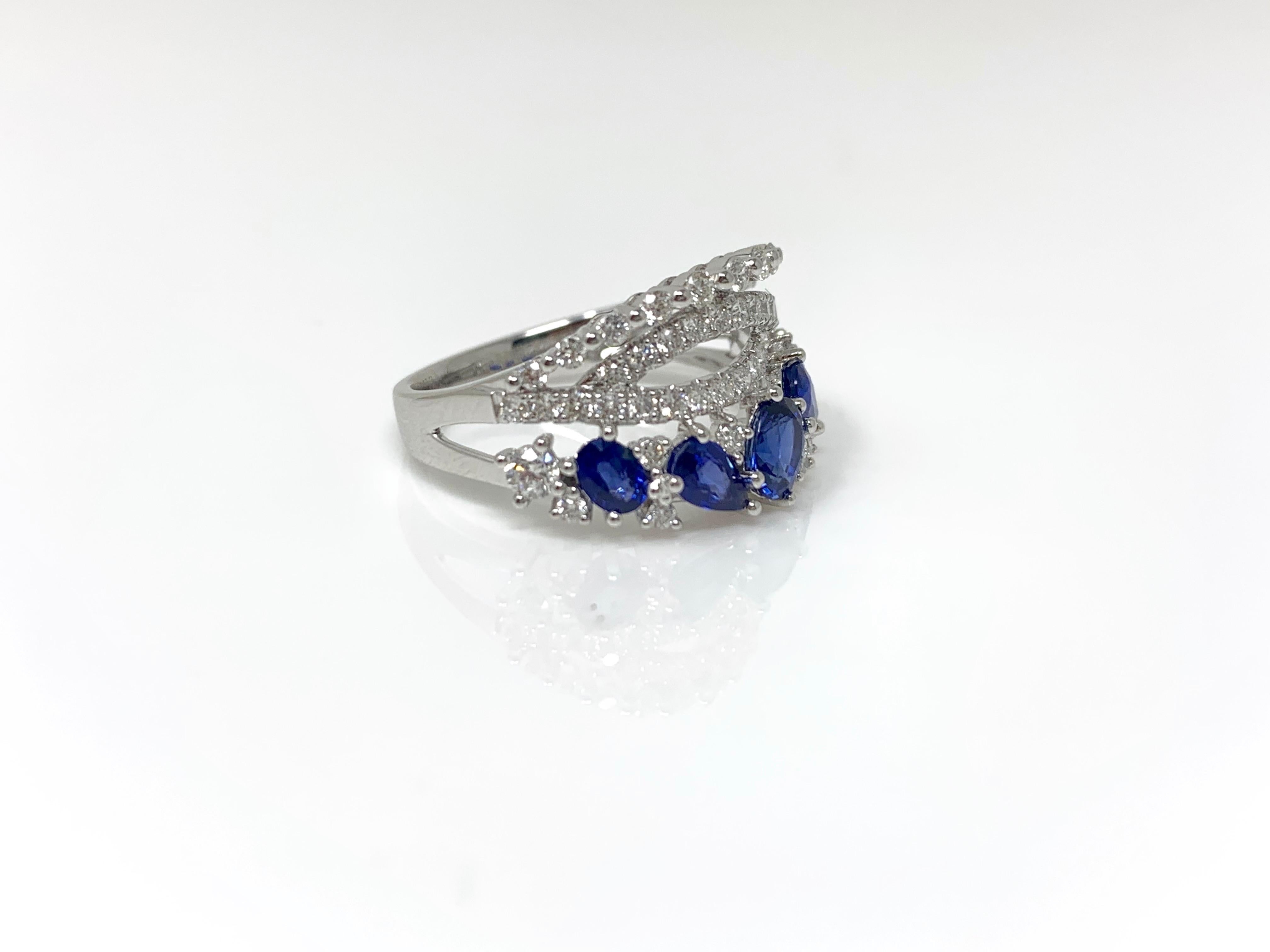 Women's Blue Sapphire and White Diamond Cocktail Ring in 18 Karat White Gold For Sale