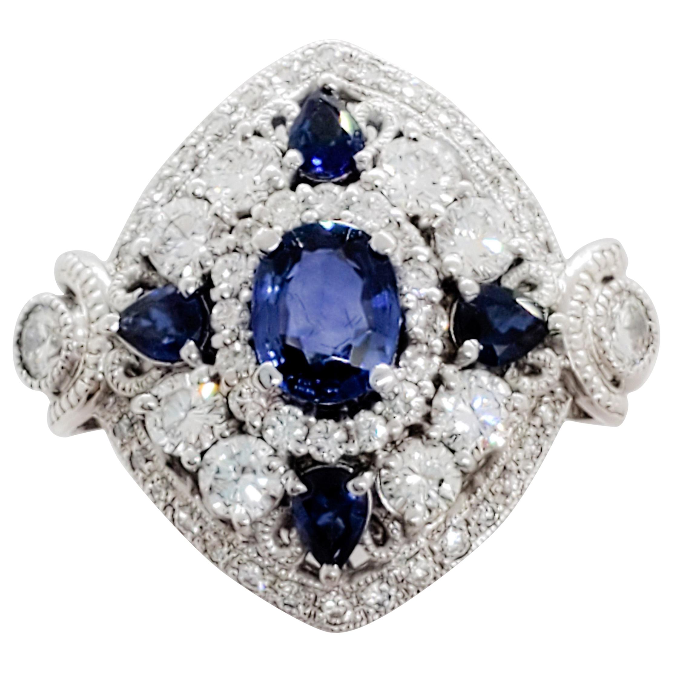Blue Sapphire and White Diamond Cocktail Ring in 18 Karat White Gold