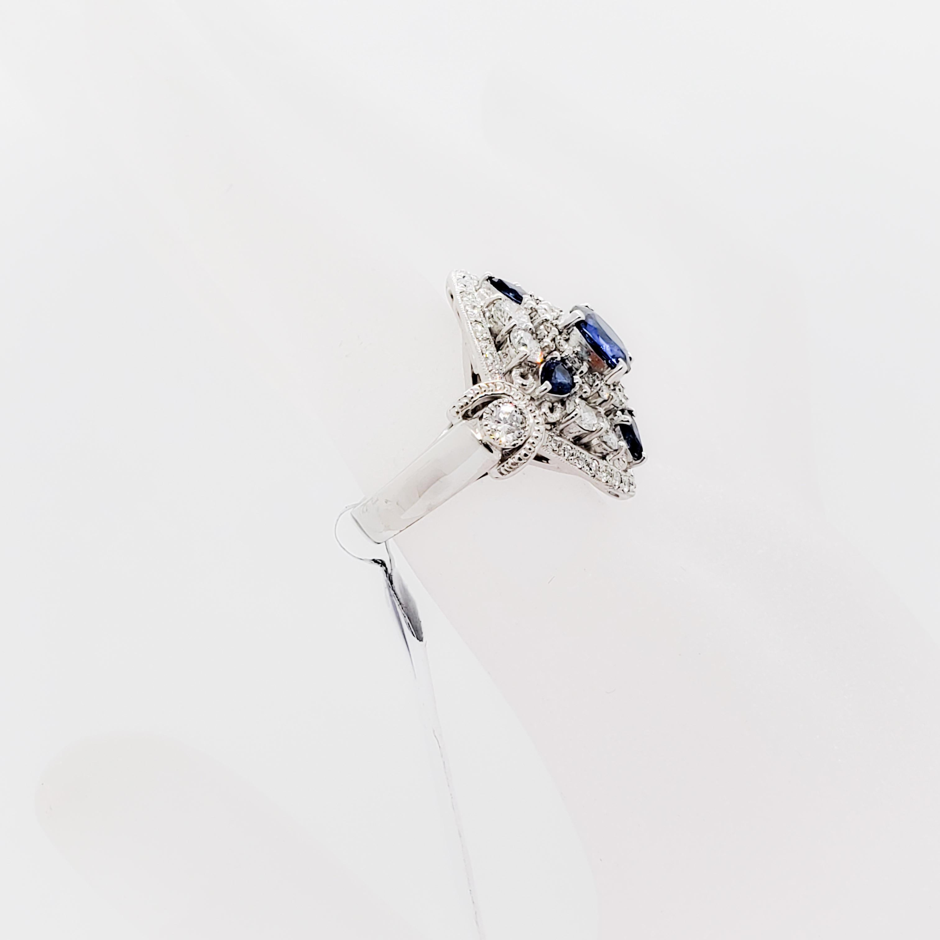 Pear Cut Blue Sapphire and White Diamond Cocktail Ring in 18 Karat White Gold For Sale