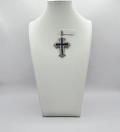 Blue Sapphire and White Diamond Cross Pendant in 14K White Gold