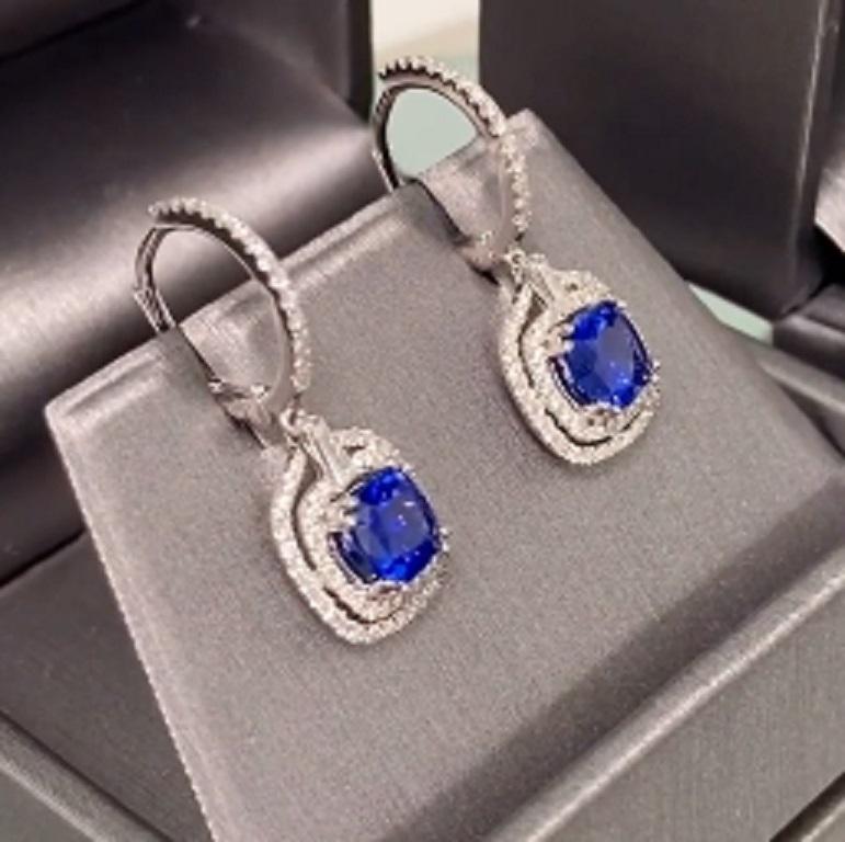 Art Deco Blue Sapphire and White Diamond Cushion-Cut Dangle Earrings in 18K White Gold