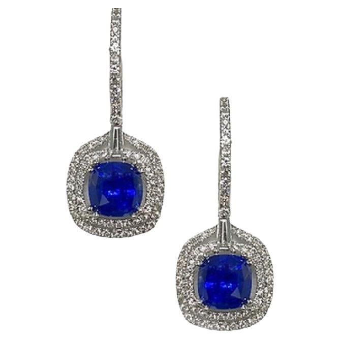 Blue Sapphire and White Diamond Cushion-Cut Dangle Earrings in 18K White Gold