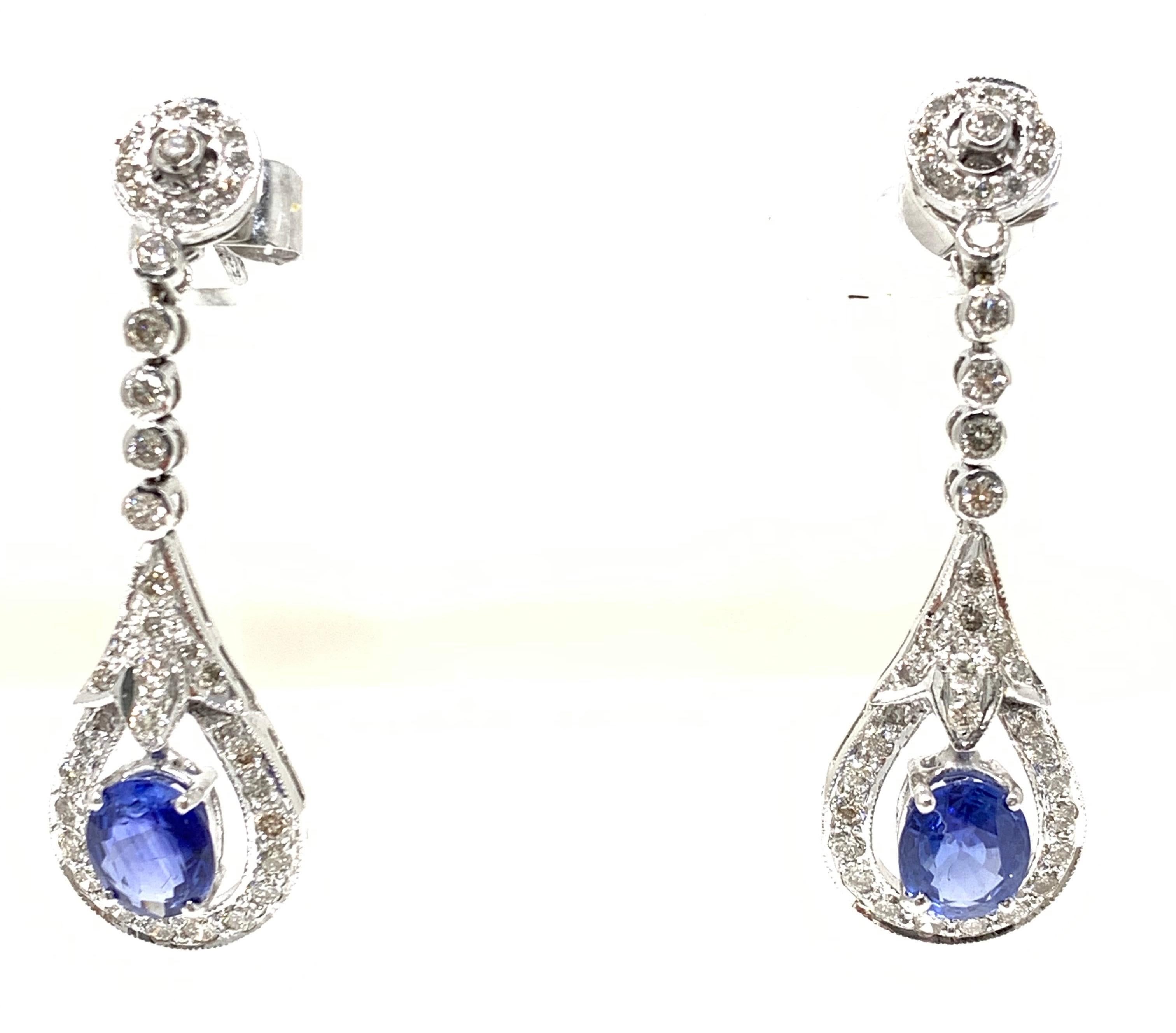 Women's or Men's Blue Sapphire and White Diamond Dangle Earrings in 14 Karat Gold For Sale