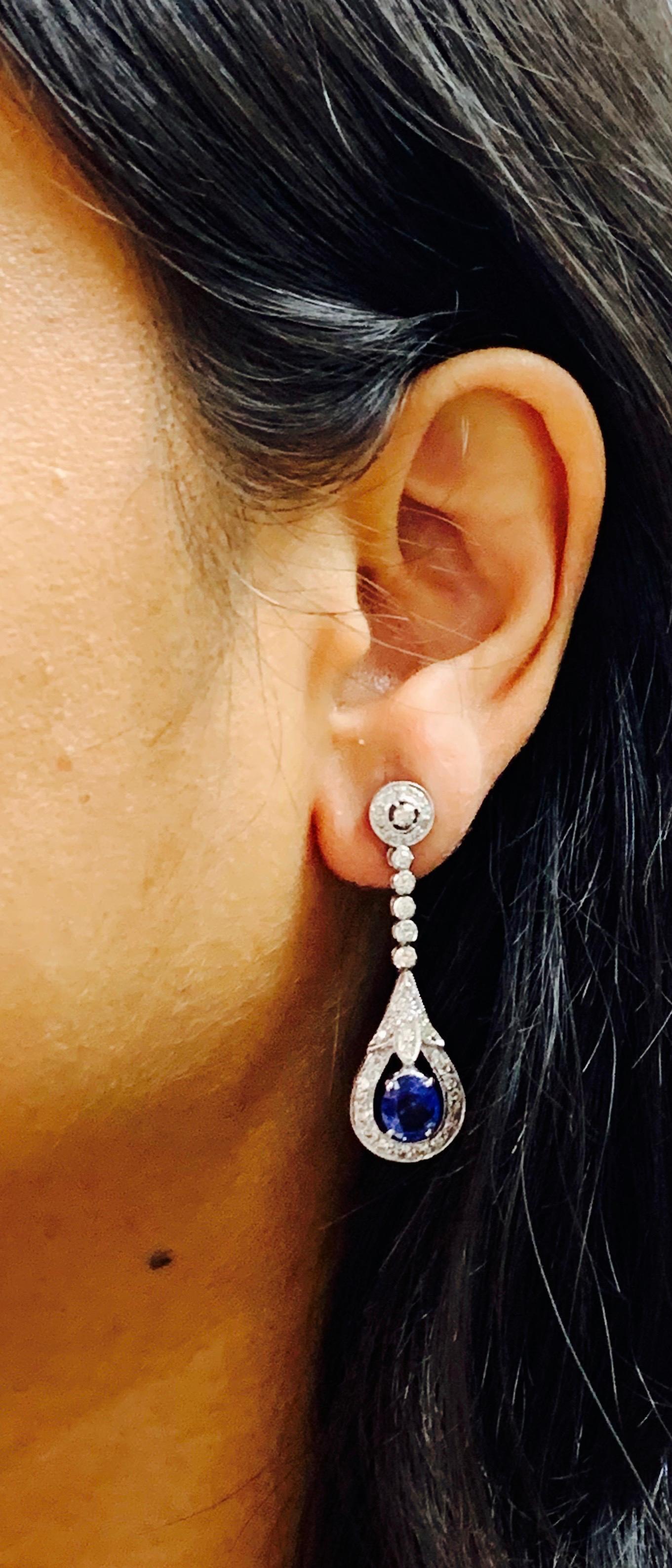 Blue Sapphire and White Diamond Dangle Earrings in 14 Karat Gold For Sale 1