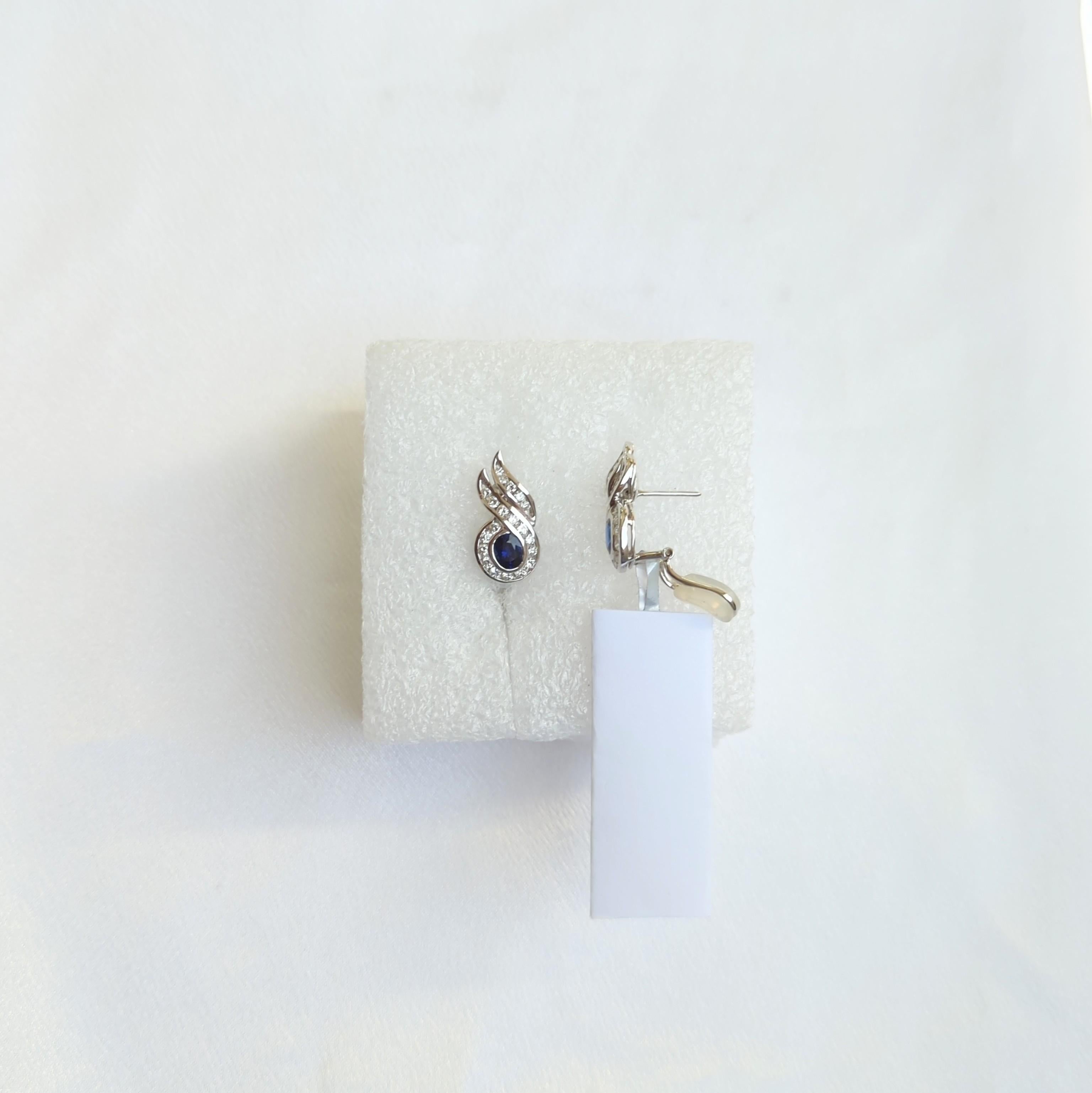 Blue Sapphire and White Diamond Earrings in 18K White Gold For Sale 1
