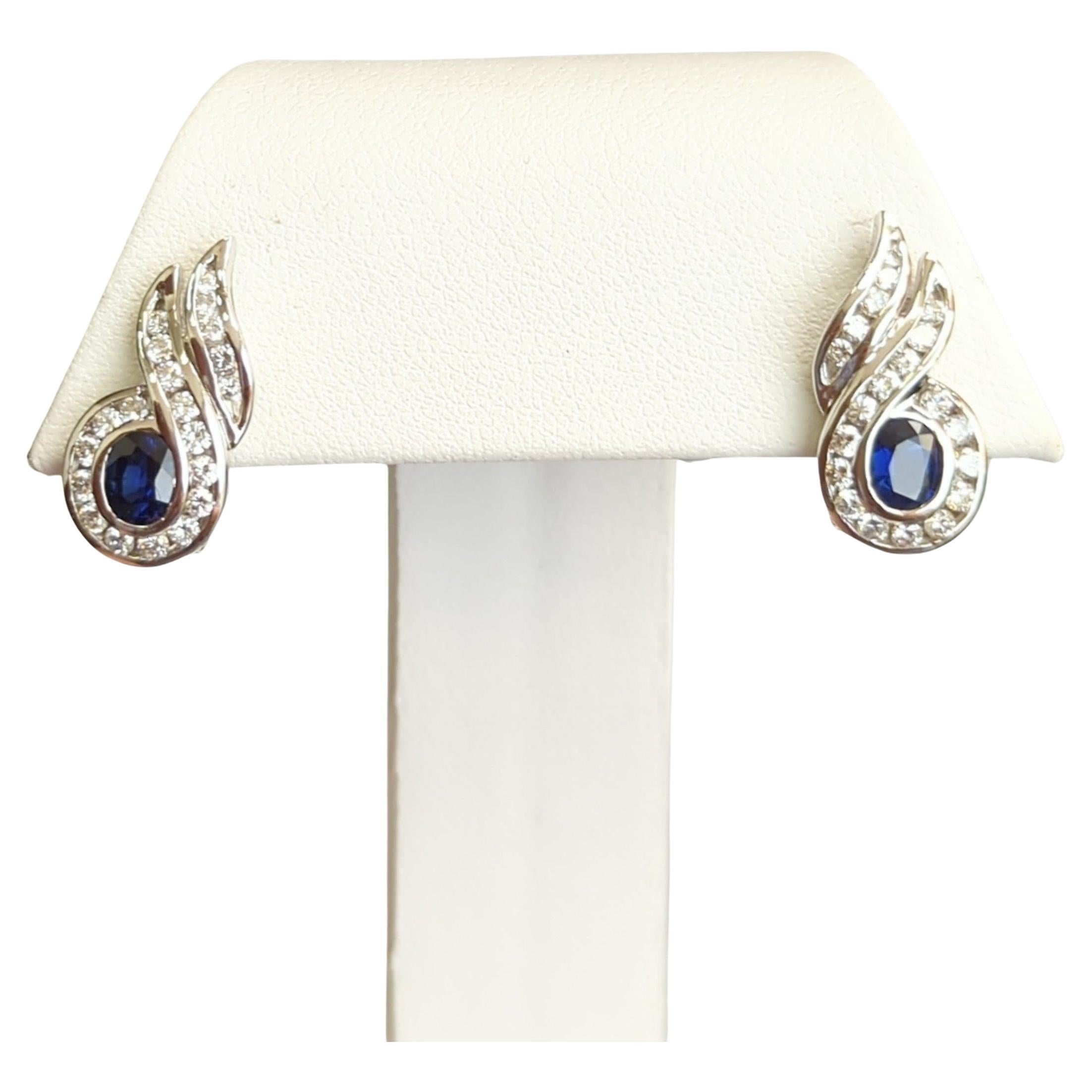 Blue Sapphire and White Diamond Earrings in 18K White Gold For Sale