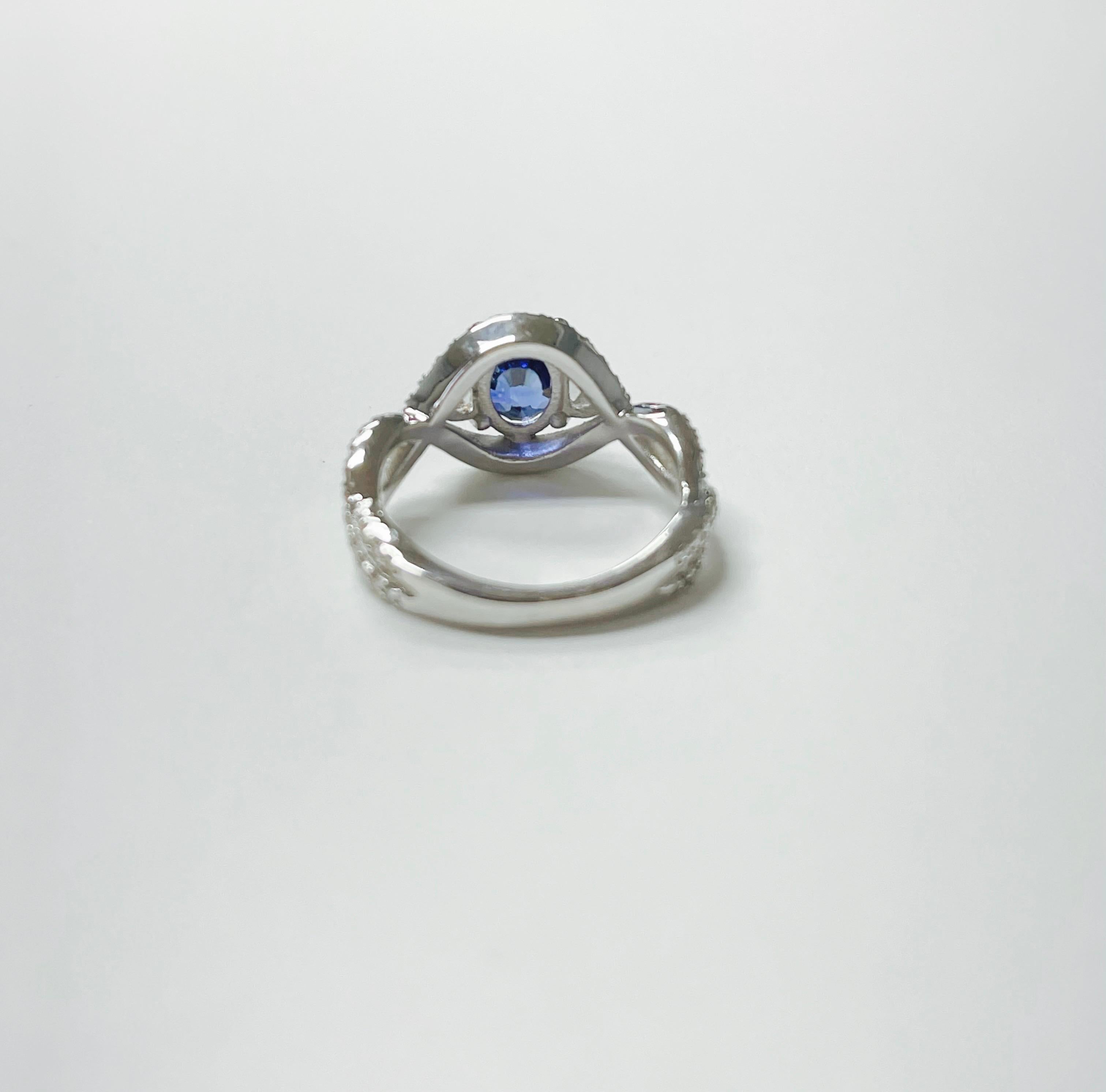 Women's Blue Sapphire and White Diamond Engagement Ring in 18k White Gold For Sale