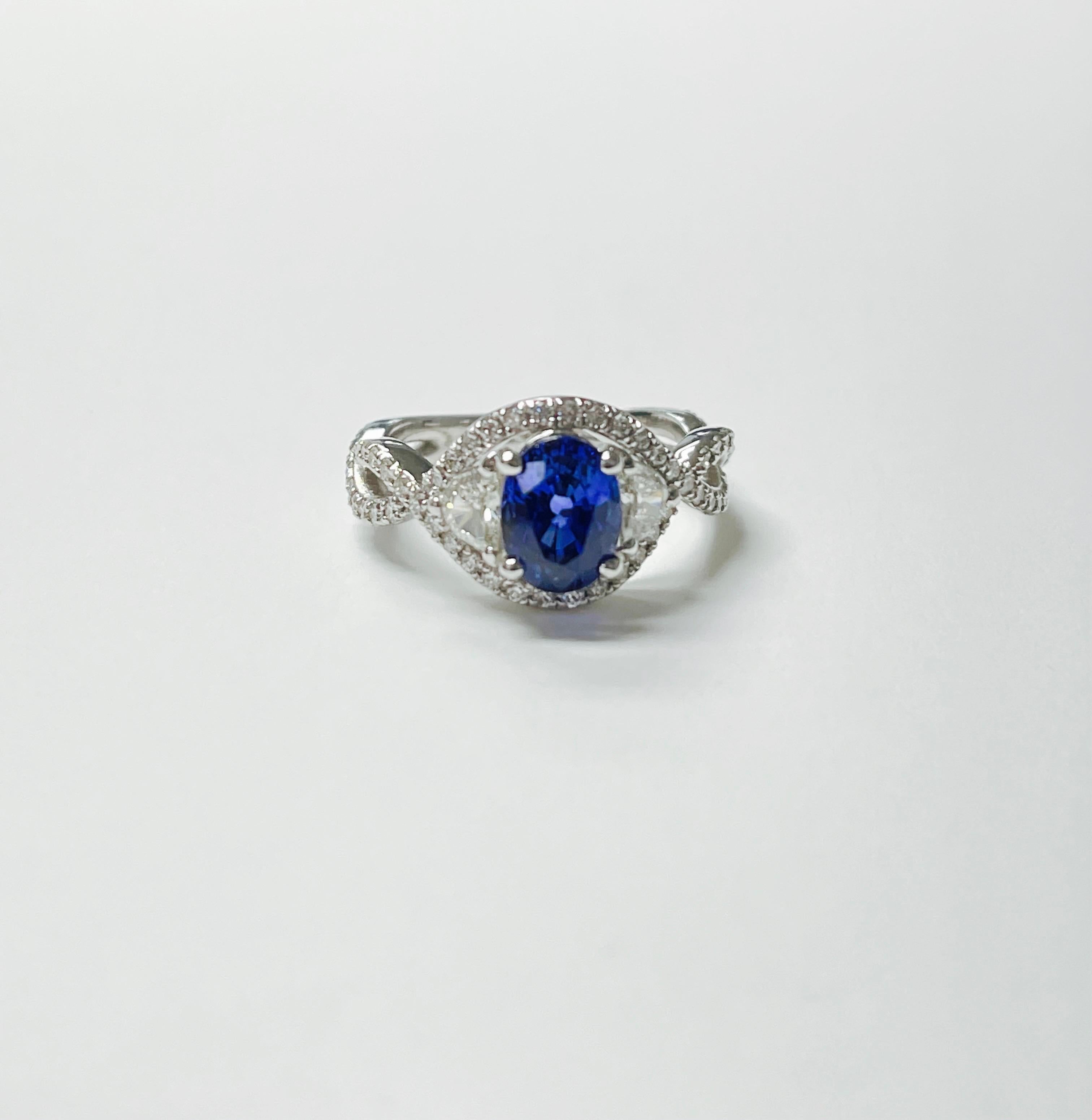 Blue Sapphire and White Diamond Engagement Ring in 18k White Gold For Sale 2