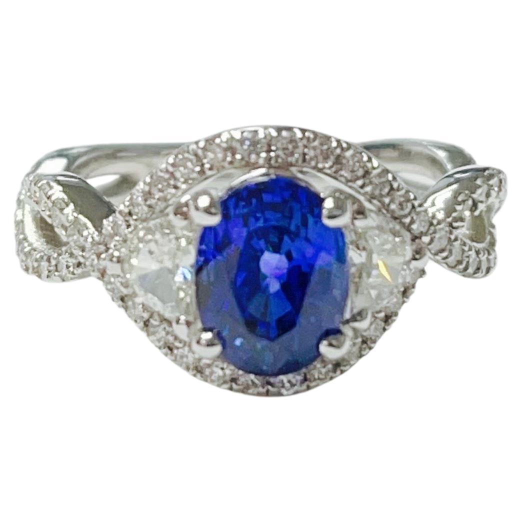 Blue Sapphire and White Diamond Engagement Ring in 18k White Gold For Sale