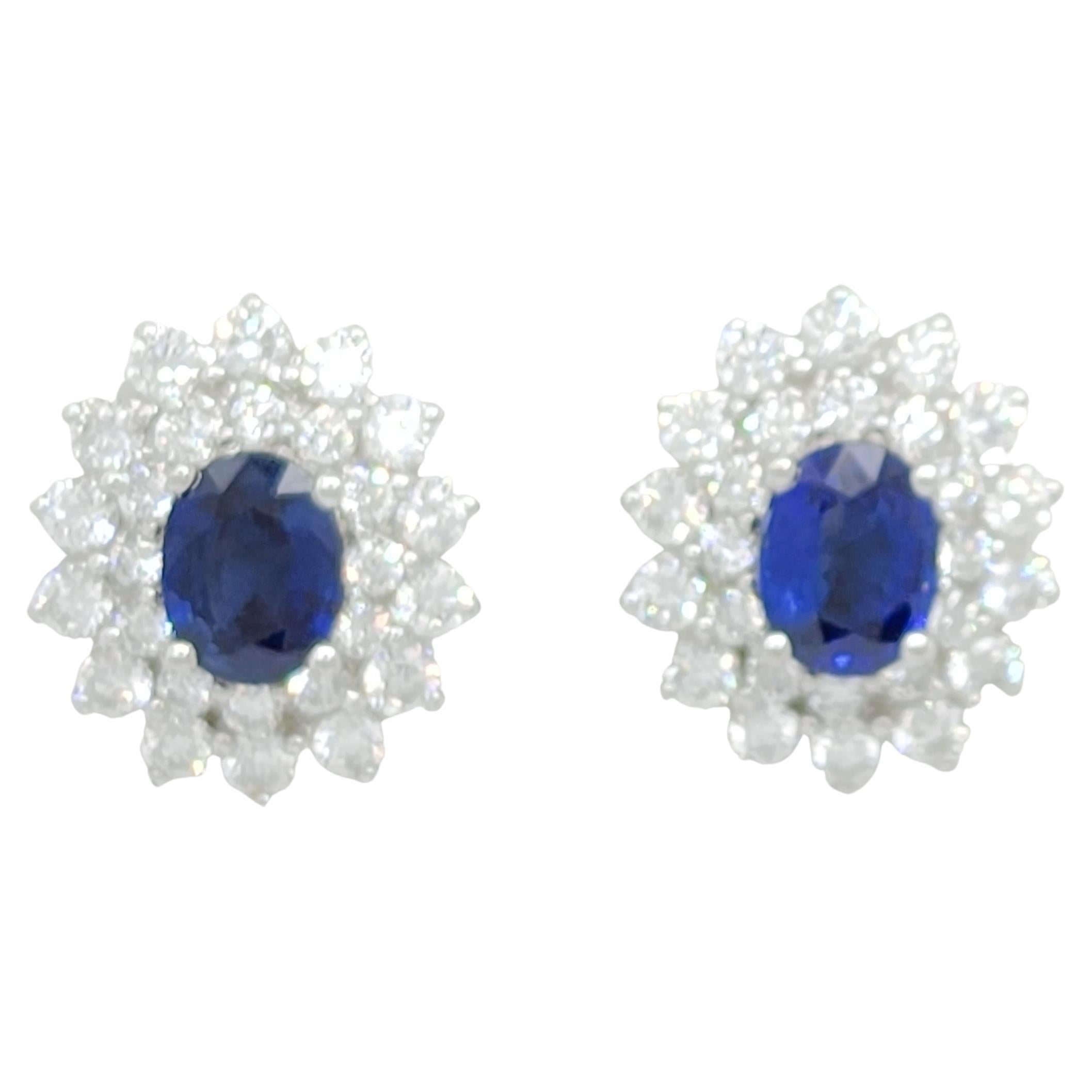 Blue Sapphire and White Diamond Flower Cluster Earrings in 18k White Gold