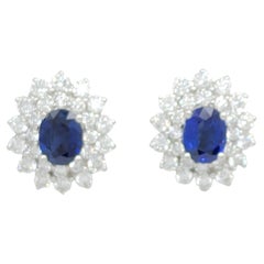 Blue Sapphire and White Diamond Flower Cluster Earrings in 18k White Gold