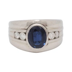 Blue Sapphire and White Diamond Gentleman's Ring in Platinum