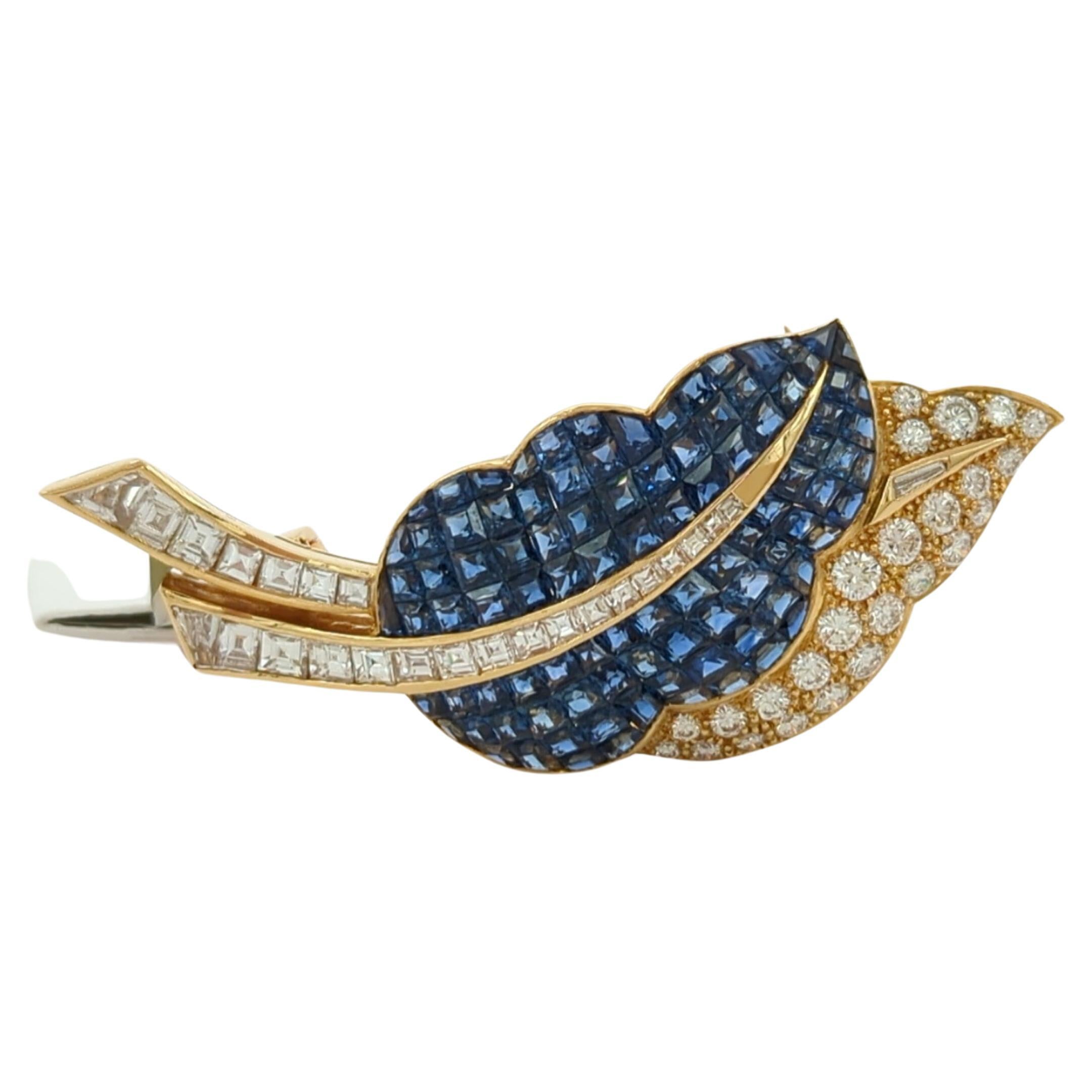 Blue Sapphire and White Diamond Leaf Brooch in 18K Yellow Gold For Sale