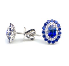 Blue Sapphire and White Diamond Oval Stud Earrings