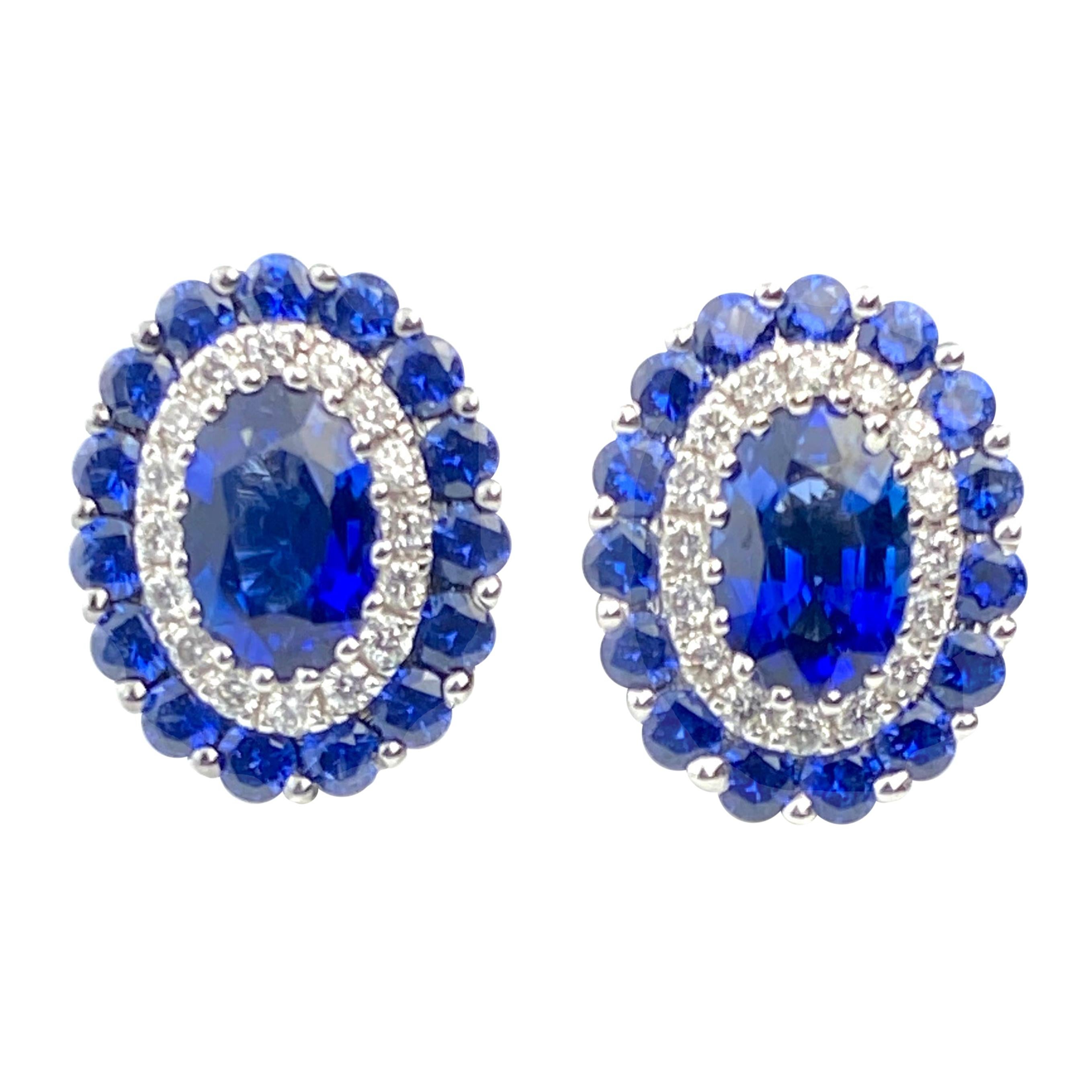 Blue Sapphire and White Diamond Oval Stud Earrings For Sale