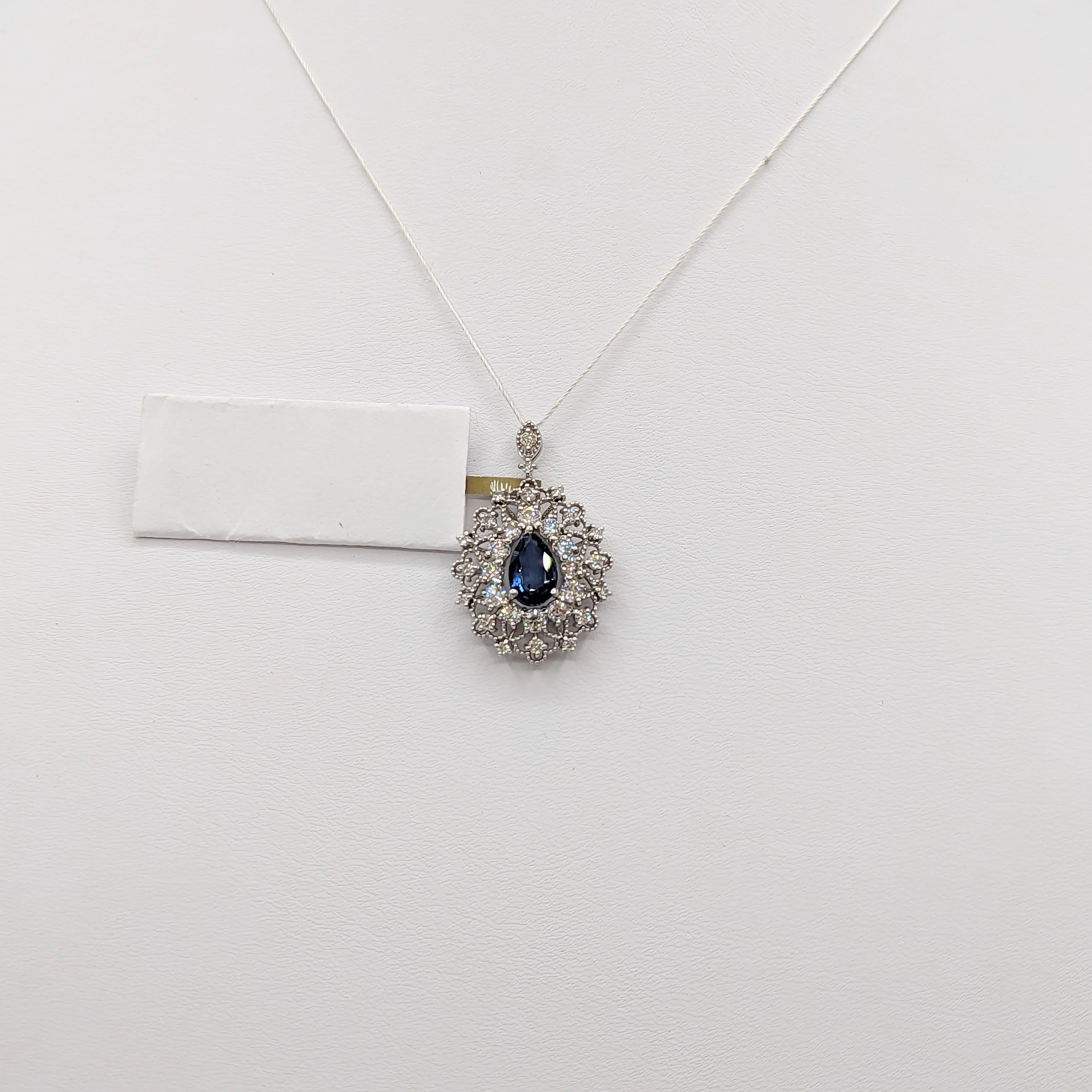 Women's or Men's Blue Sapphire and White Diamond Pendant in Platinum For Sale